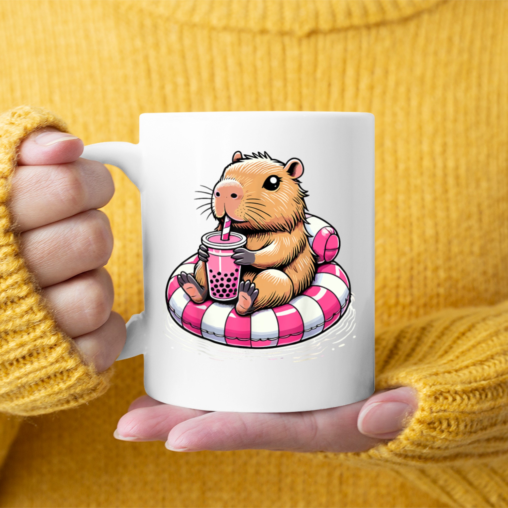 Capybara On Pool Float Drinking Bubble Tea Capybara Mug