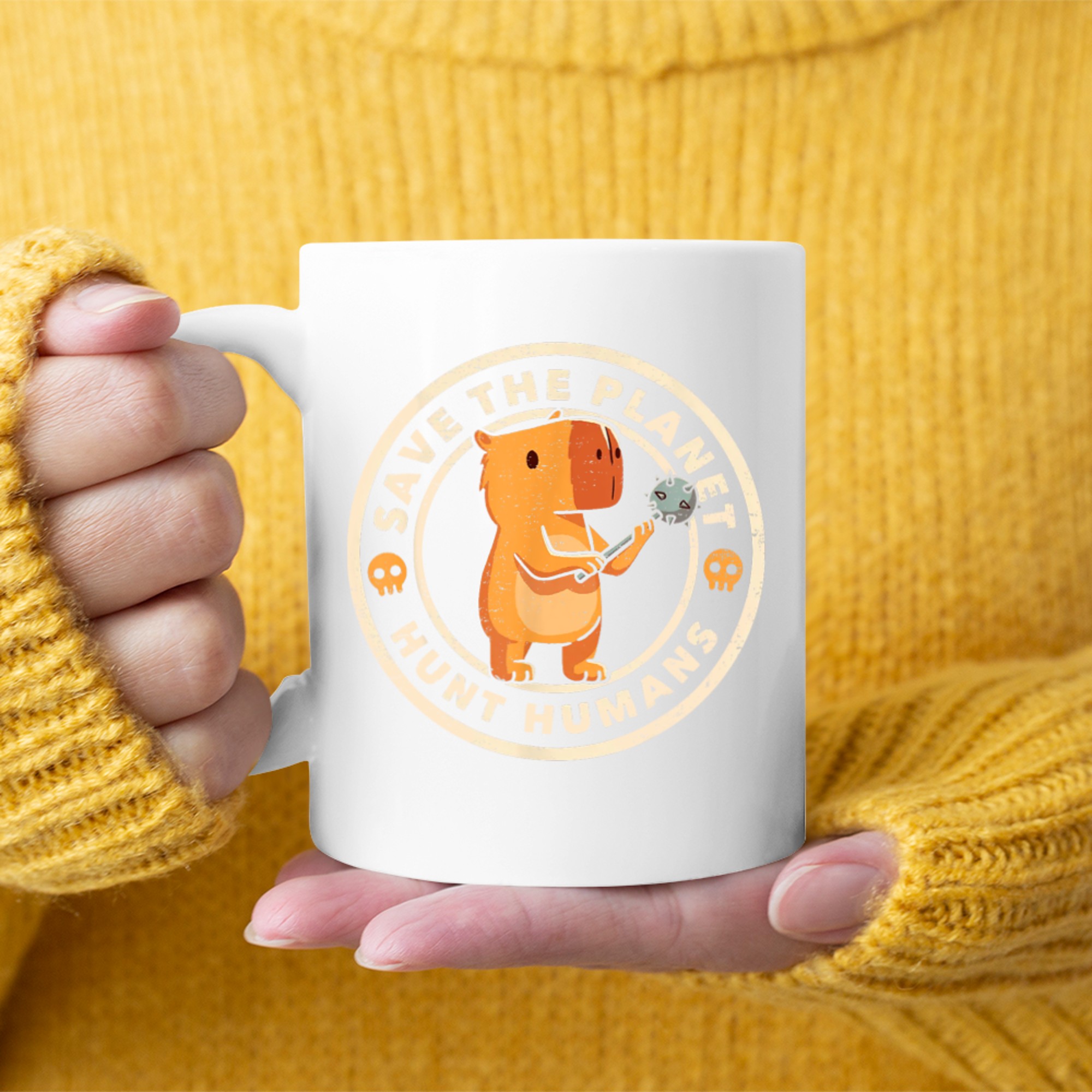 Save The Planet Hunt Humans Funny Capybara Dark Humor Meme Mug