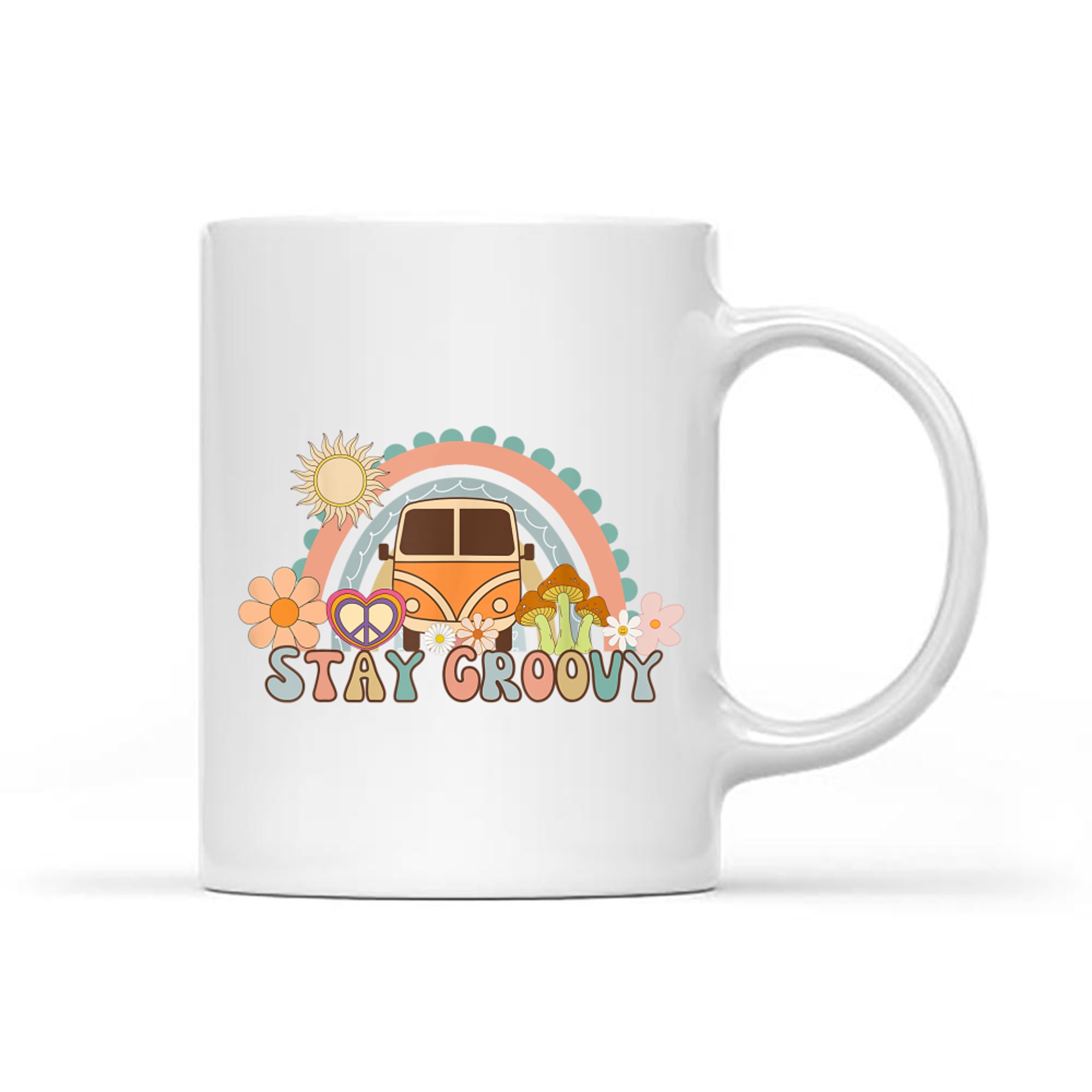 Stay Groovy Retro Hippie Van 70s Vintage Flower Power Rainbow Aesthetic Mug