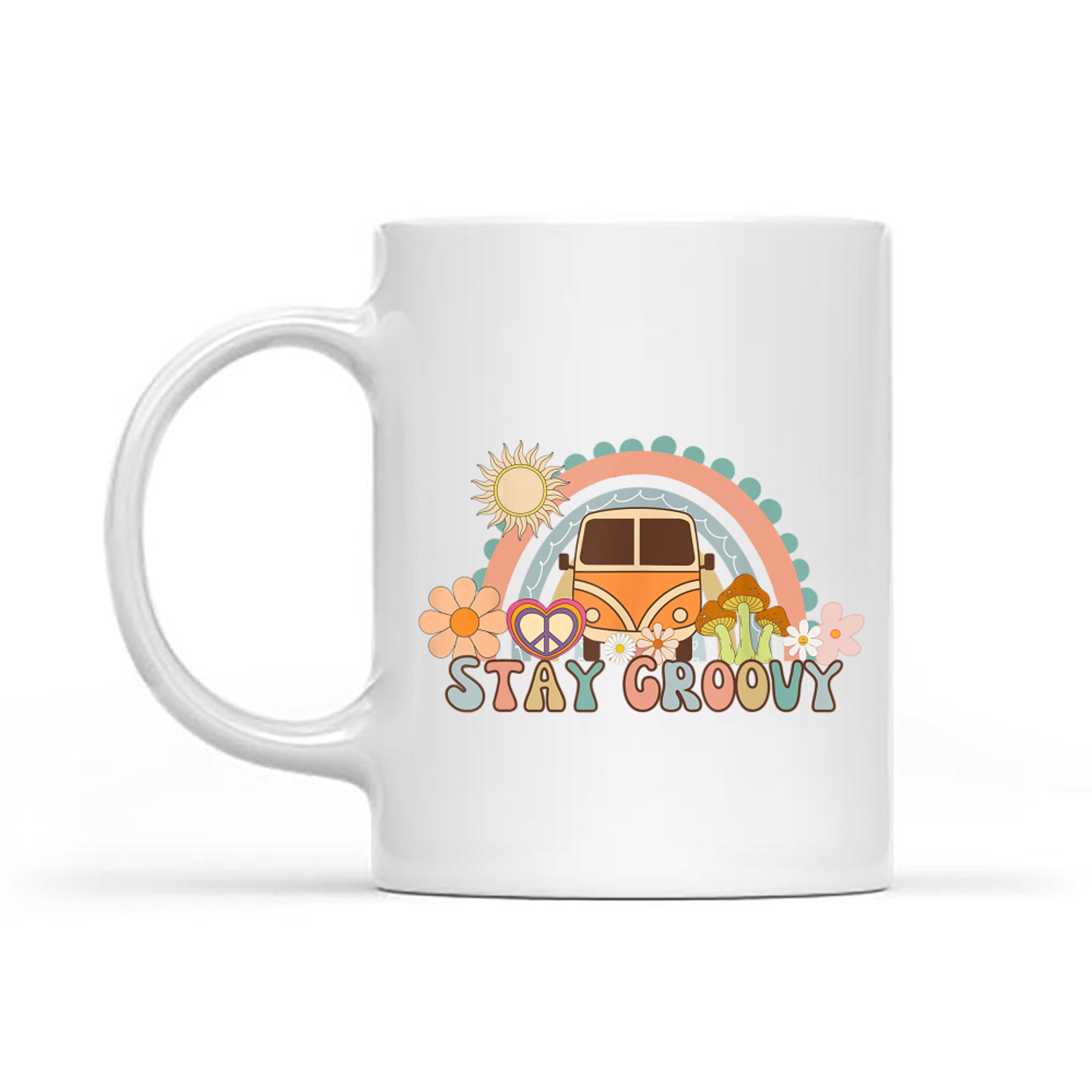 Stay Groovy Retro Hippie Van 70s Vintage Flower Power Rainbow Aesthetic Mug
