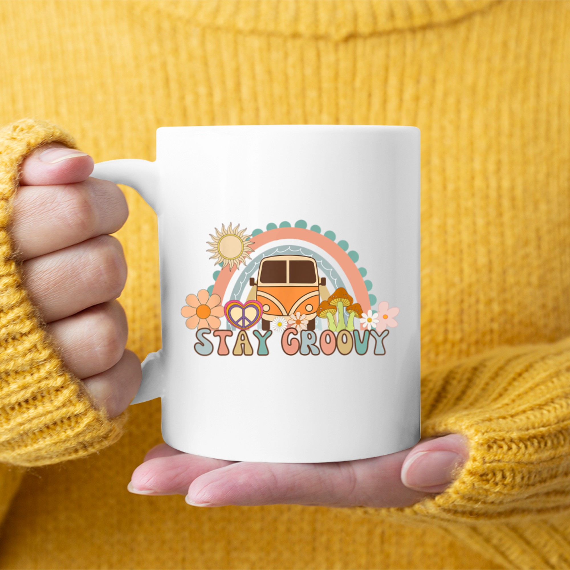 Stay Groovy Retro Hippie Van 70s Vintage Flower Power Rainbow Aesthetic Mug