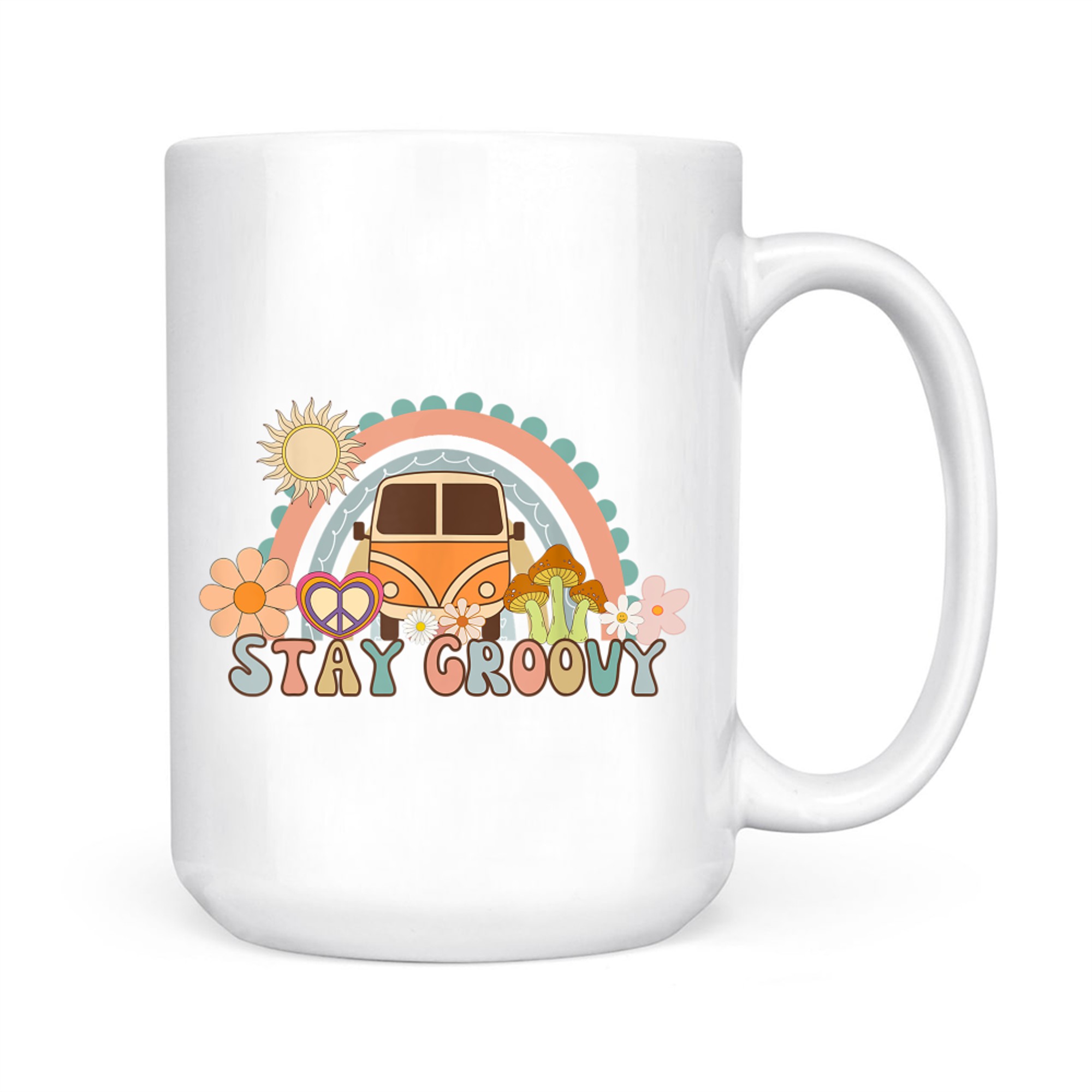 Stay Groovy Retro Hippie Van 70s Vintage Flower Power Rainbow Aesthetic Mug
