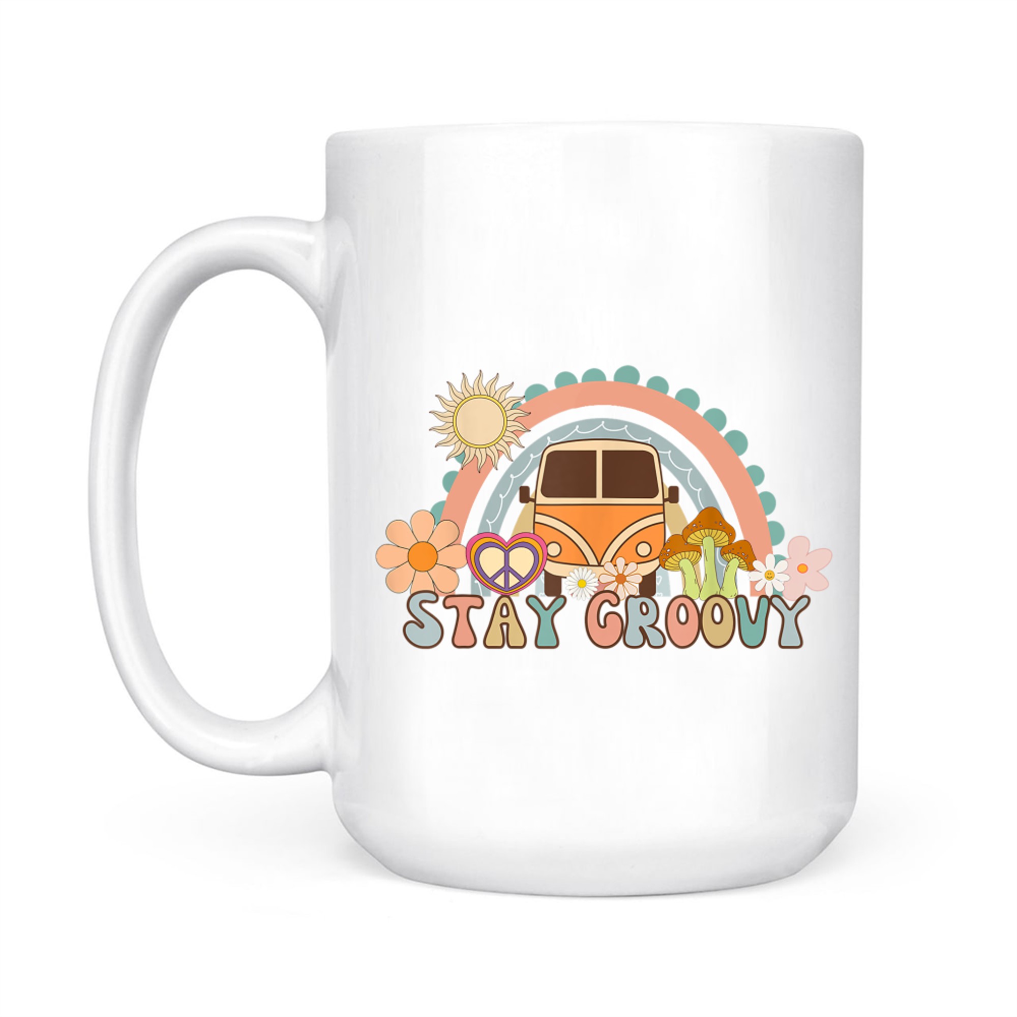 Stay Groovy Retro Hippie Van 70s Vintage Flower Power Rainbow Aesthetic Mug