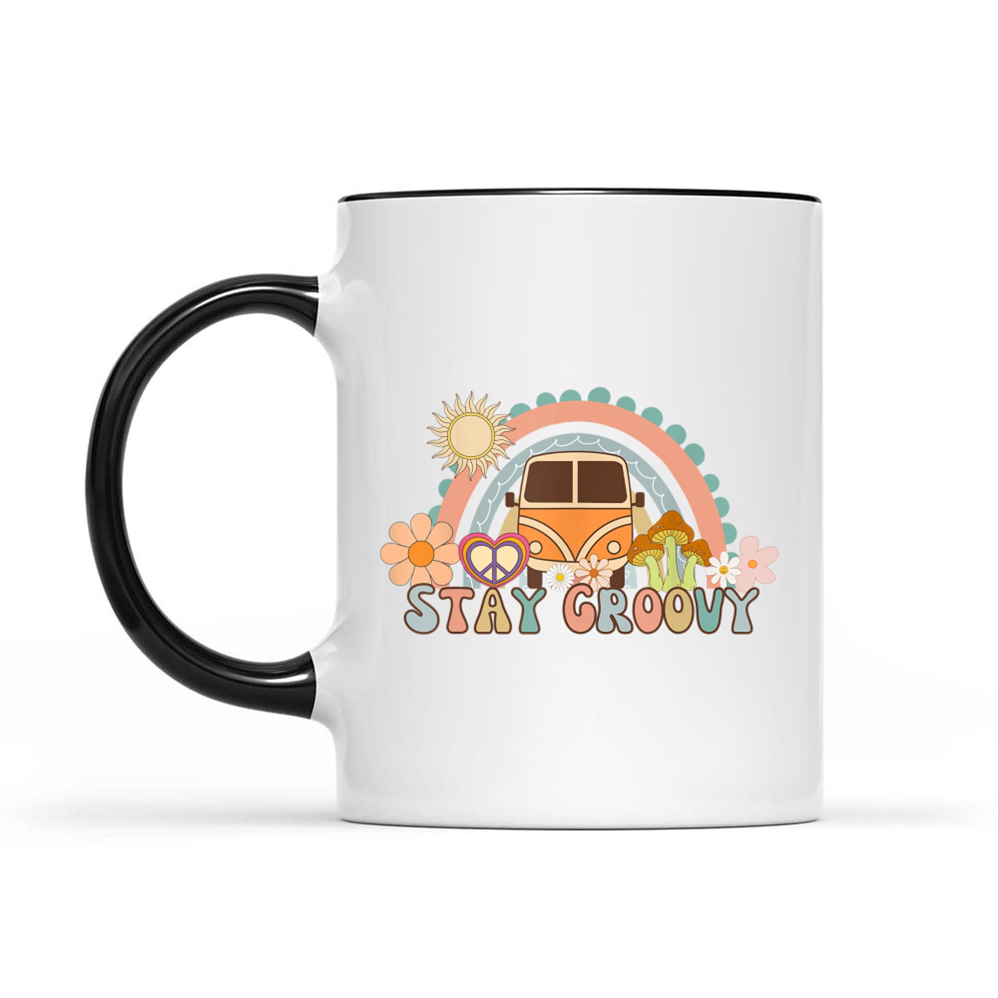 Stay Groovy Retro Hippie Van 70s Vintage Flower Power Rainbow Aesthetic Mug