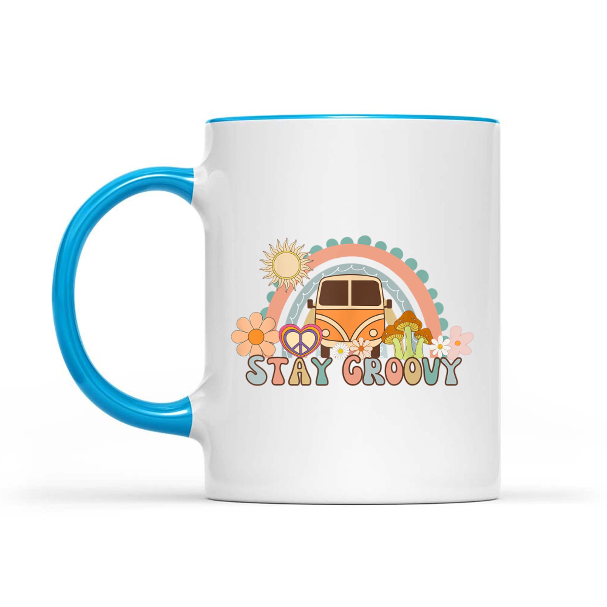 Stay Groovy Retro Hippie Van 70s Vintage Flower Power Rainbow Aesthetic Mug