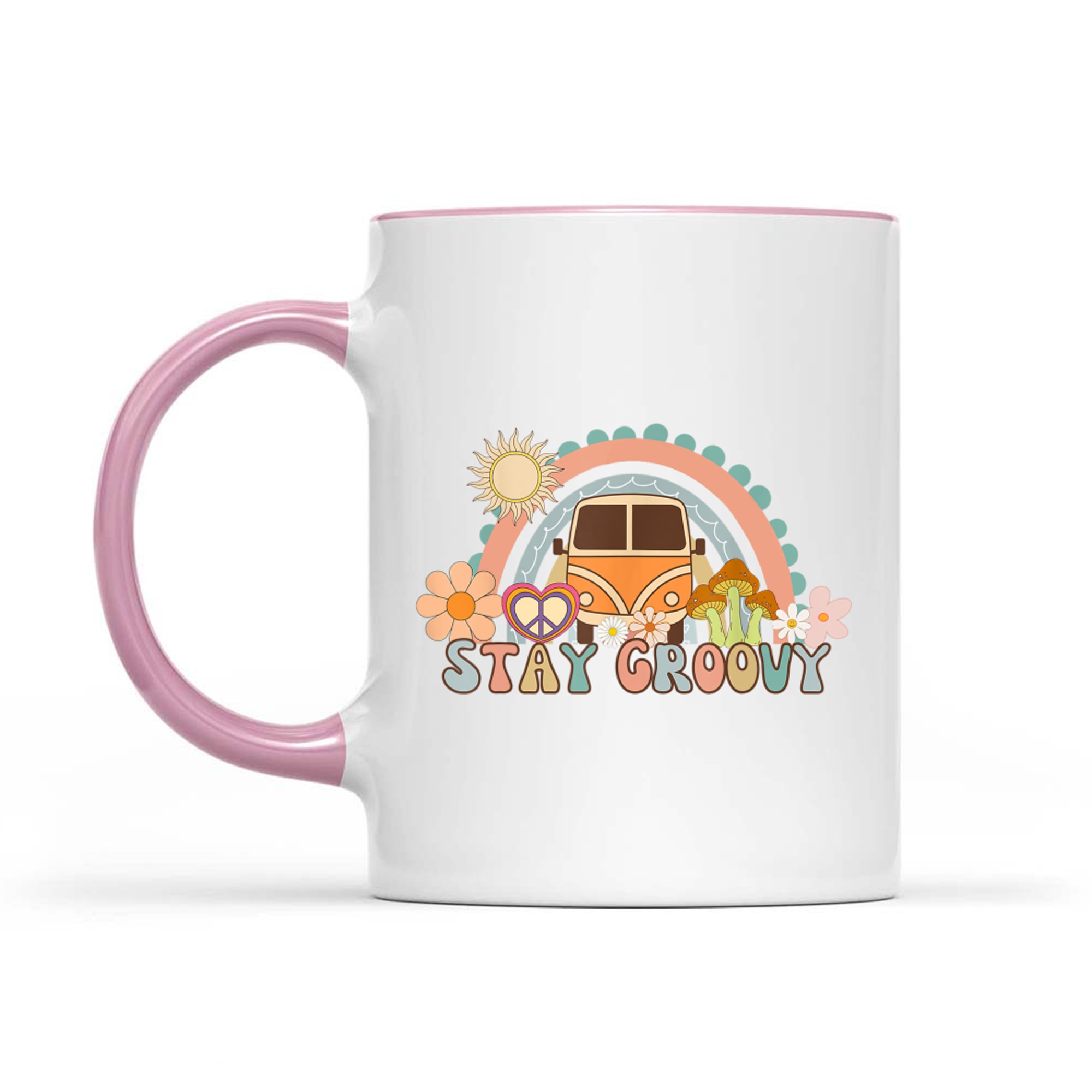 Stay Groovy Retro Hippie Van 70s Vintage Flower Power Rainbow Aesthetic Mug