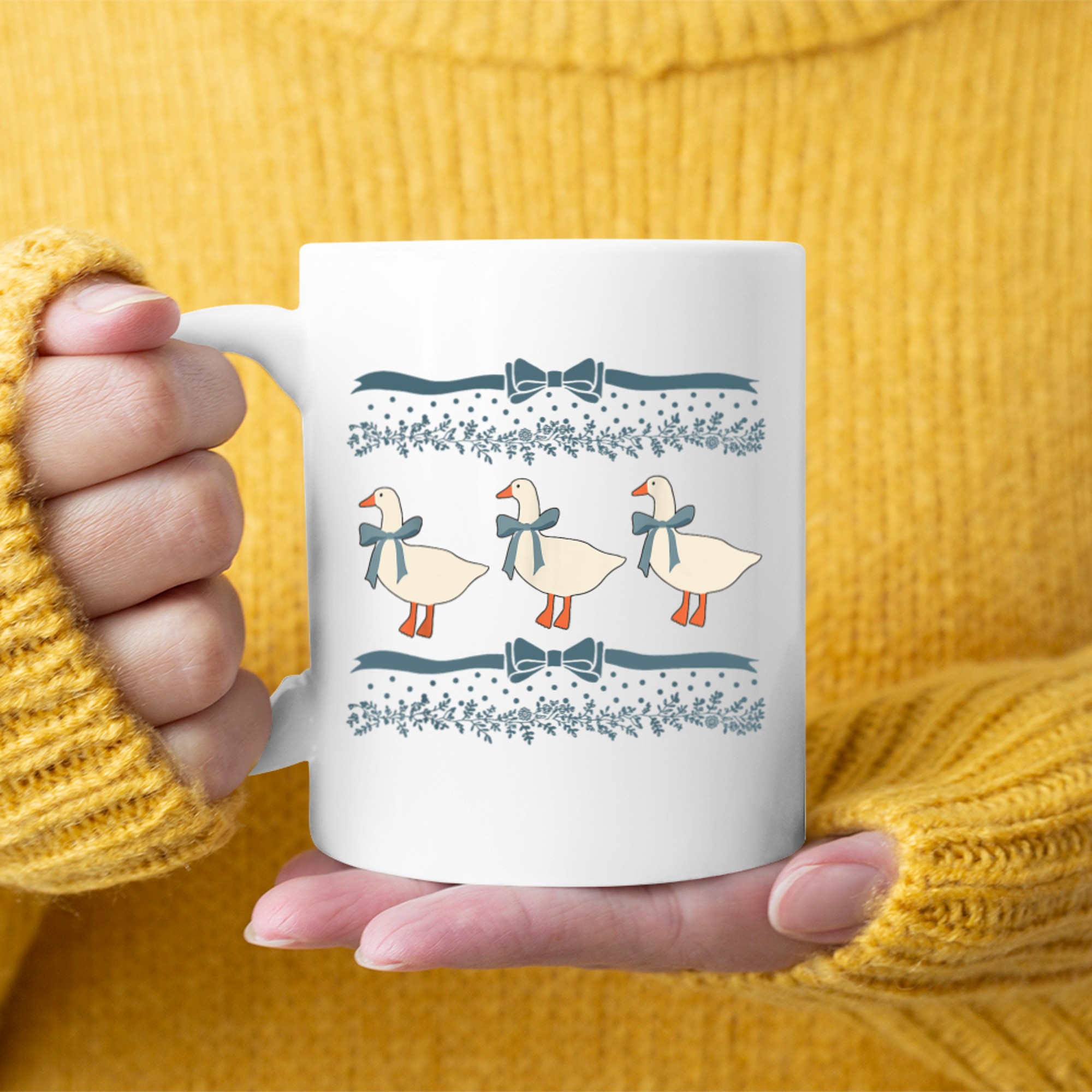 1980s Blue Ribbon Goose With Hearts Mug