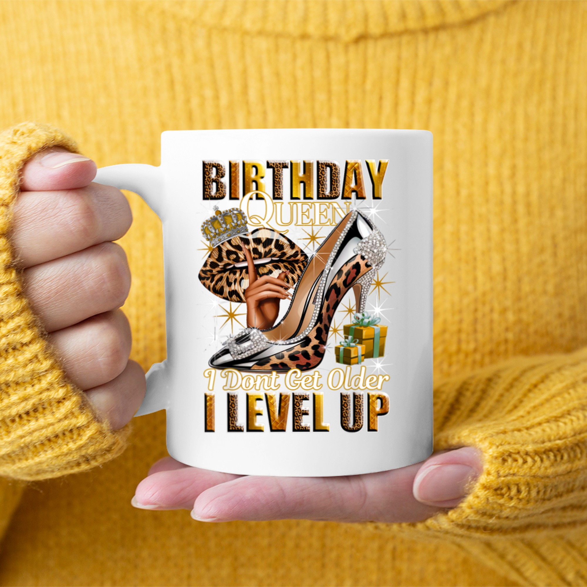 Birthday Queen I Dont Get Older I Level Up High Heels Crown Lips Jewelry Birthday Mug