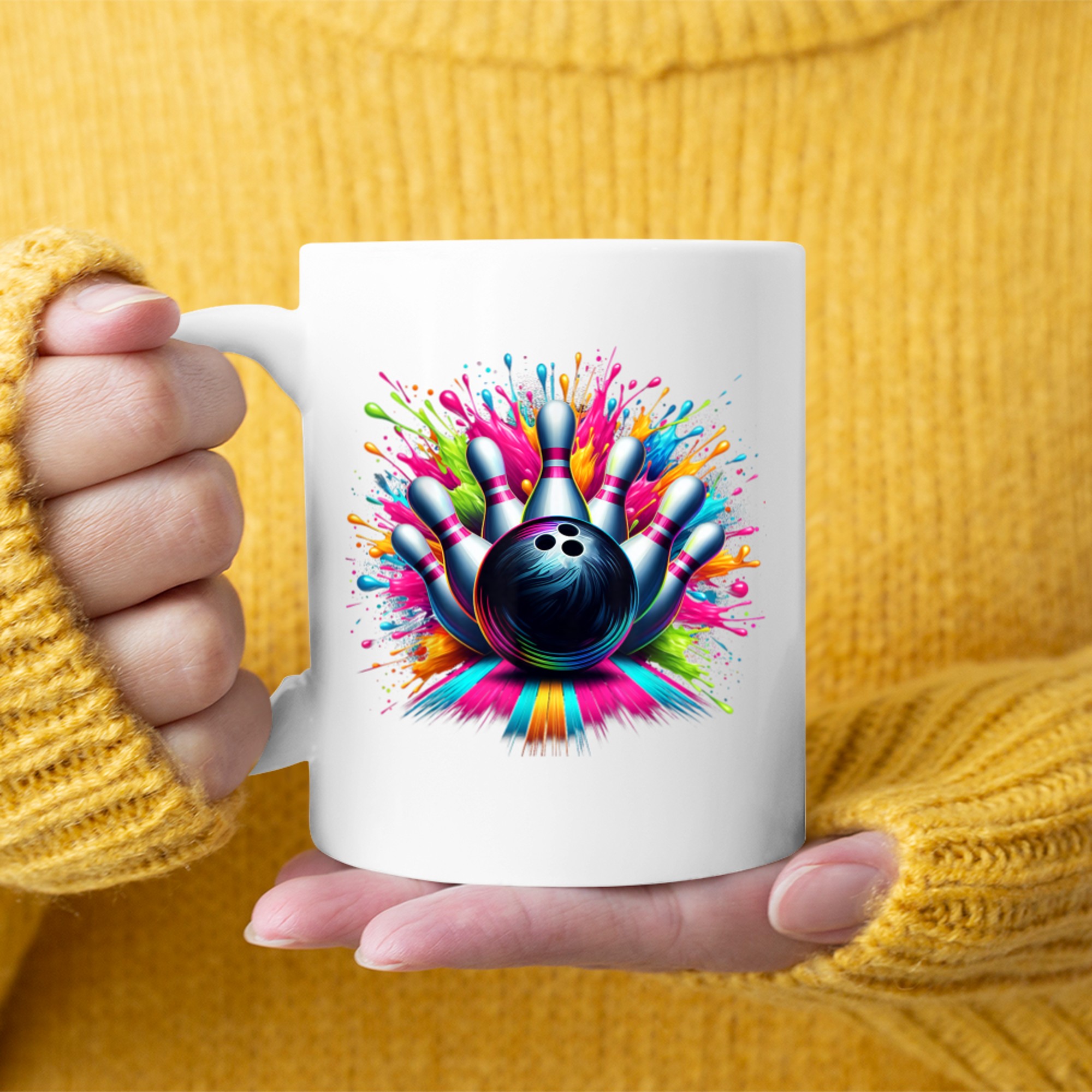 Colorful Neon Bowling Strike Splatter Paint Effect Fun Artistic Bowling Mug