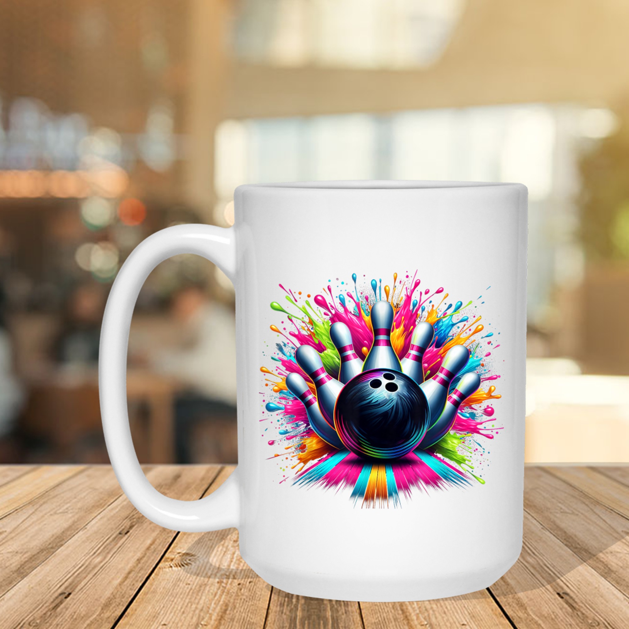 Colorful Neon Bowling Strike Splatter Paint Effect Fun Artistic Bowling Mug