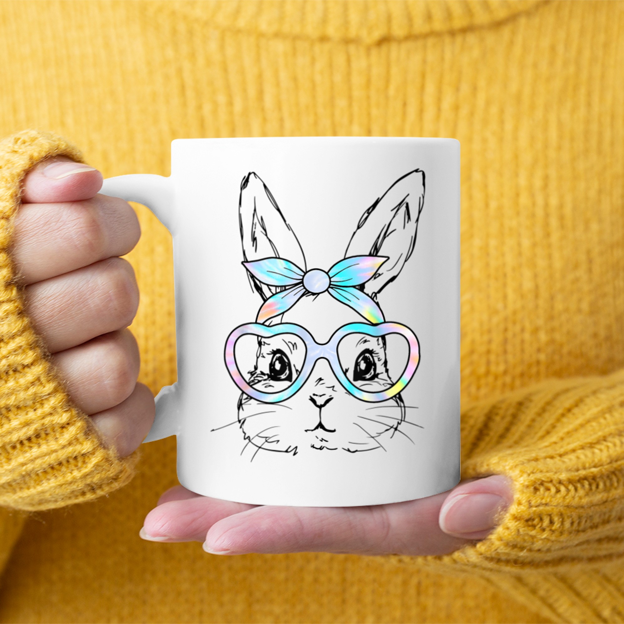 Cute Bunny Rabbit Face Tie Dye Glasses Girl Happy Easter Day Mug