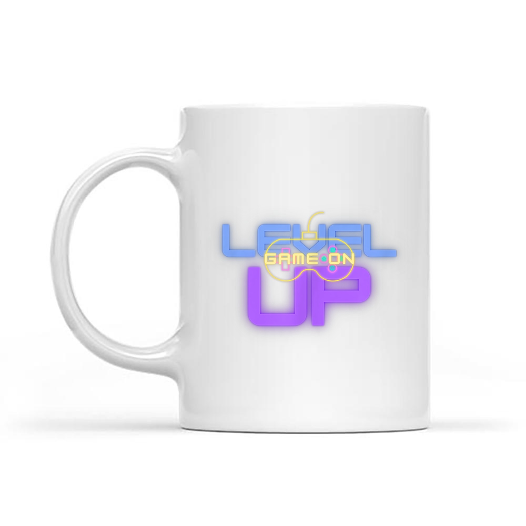 Funny Level Up Graphic Gamepad Icon Gamer Mode On Text Bright Neon Colors Mug