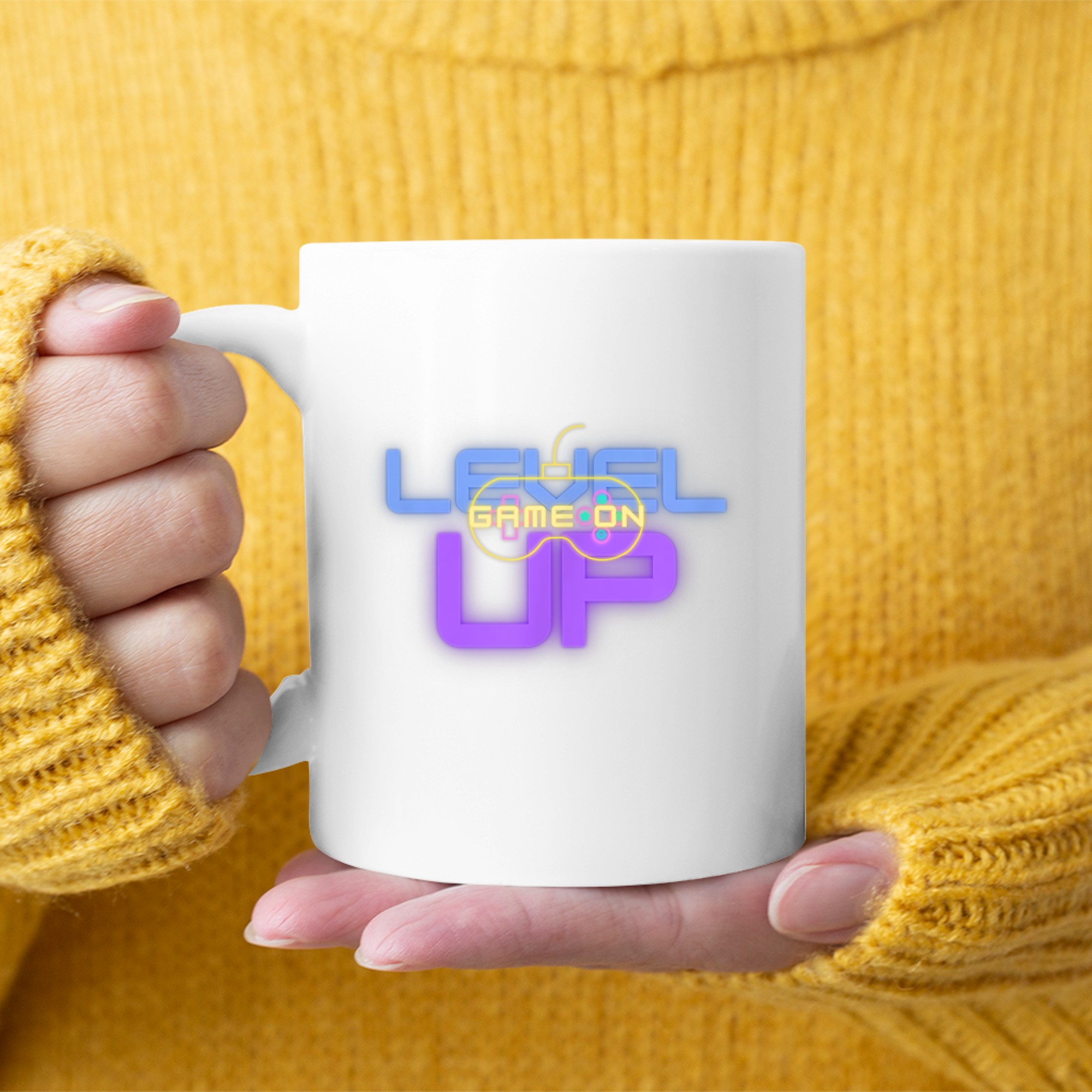 Funny Level Up Graphic Gamepad Icon Gamer Mode On Text Bright Neon Colors Mug