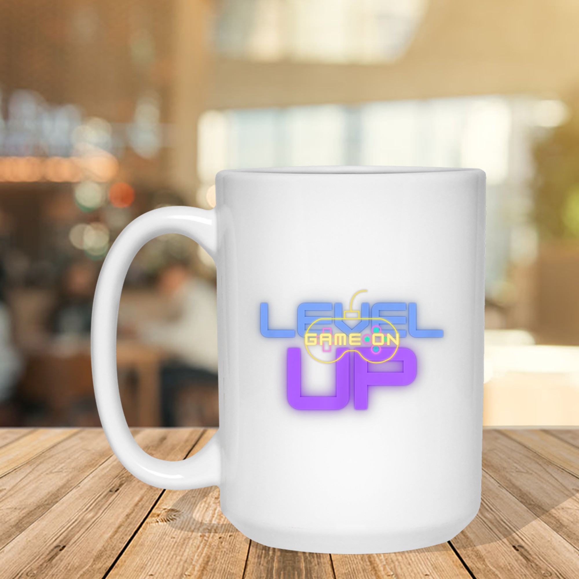 Funny Level Up Graphic Gamepad Icon Gamer Mode On Text Bright Neon Colors Mug