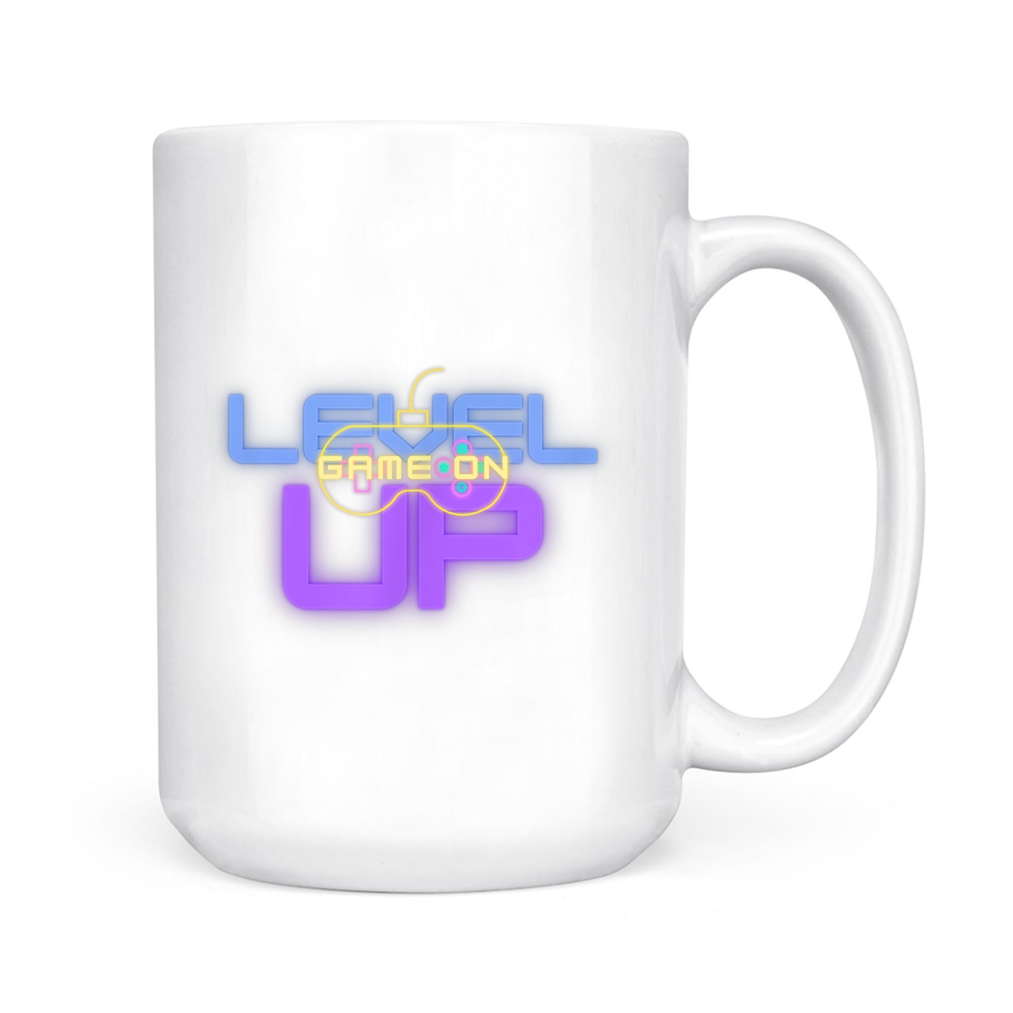 Funny Level Up Graphic Gamepad Icon Gamer Mode On Text Bright Neon Colors Mug