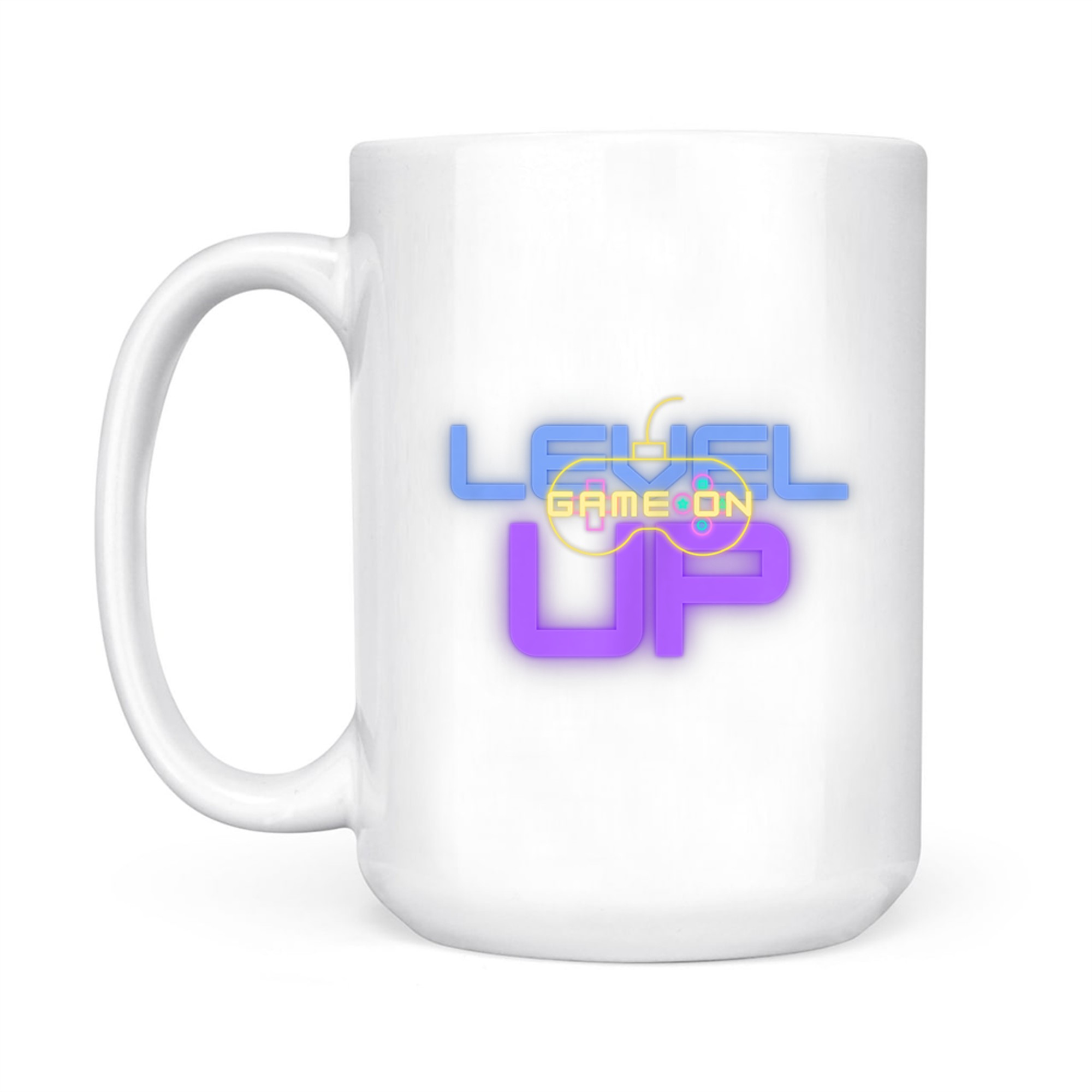 Funny Level Up Graphic Gamepad Icon Gamer Mode On Text Bright Neon Colors Mug