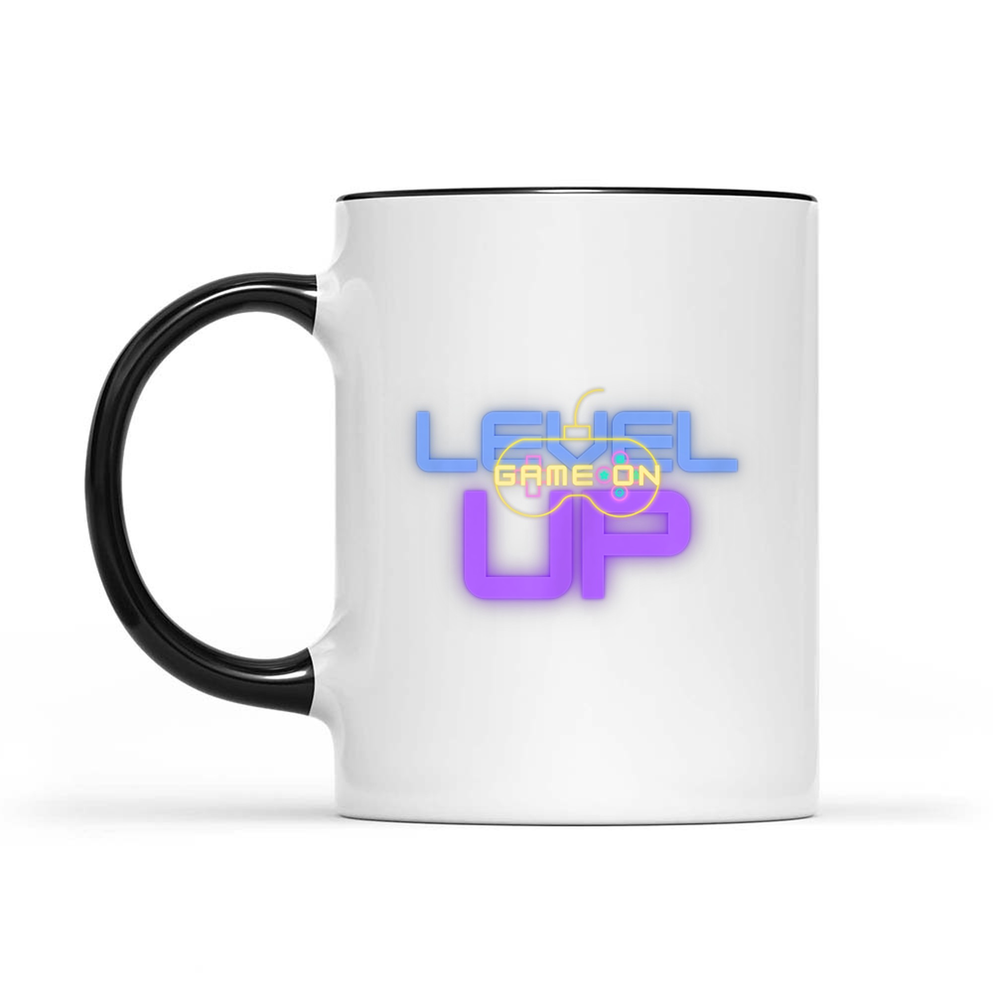 Funny Level Up Graphic Gamepad Icon Gamer Mode On Text Bright Neon Colors Mug