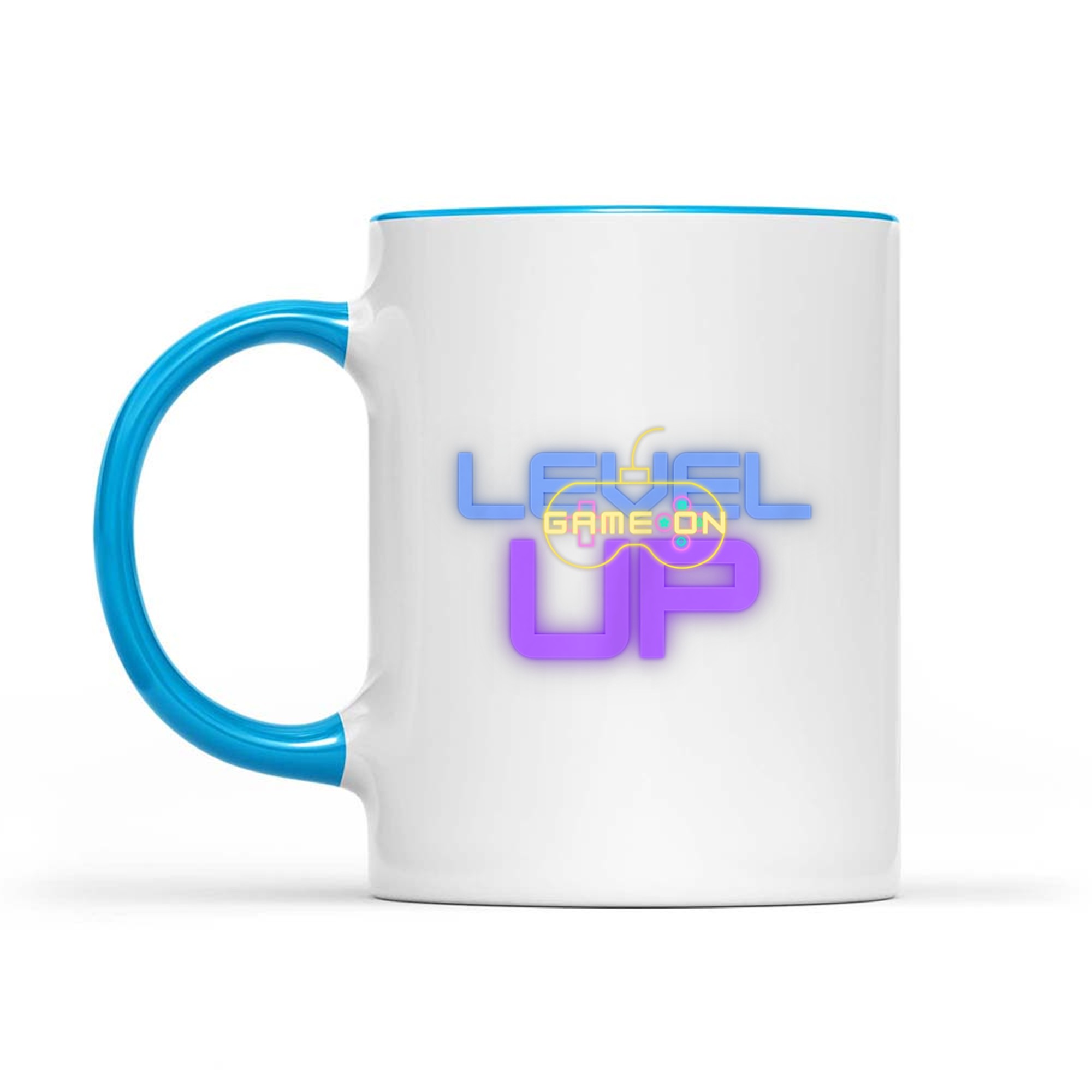 Funny Level Up Graphic Gamepad Icon Gamer Mode On Text Bright Neon Colors Mug