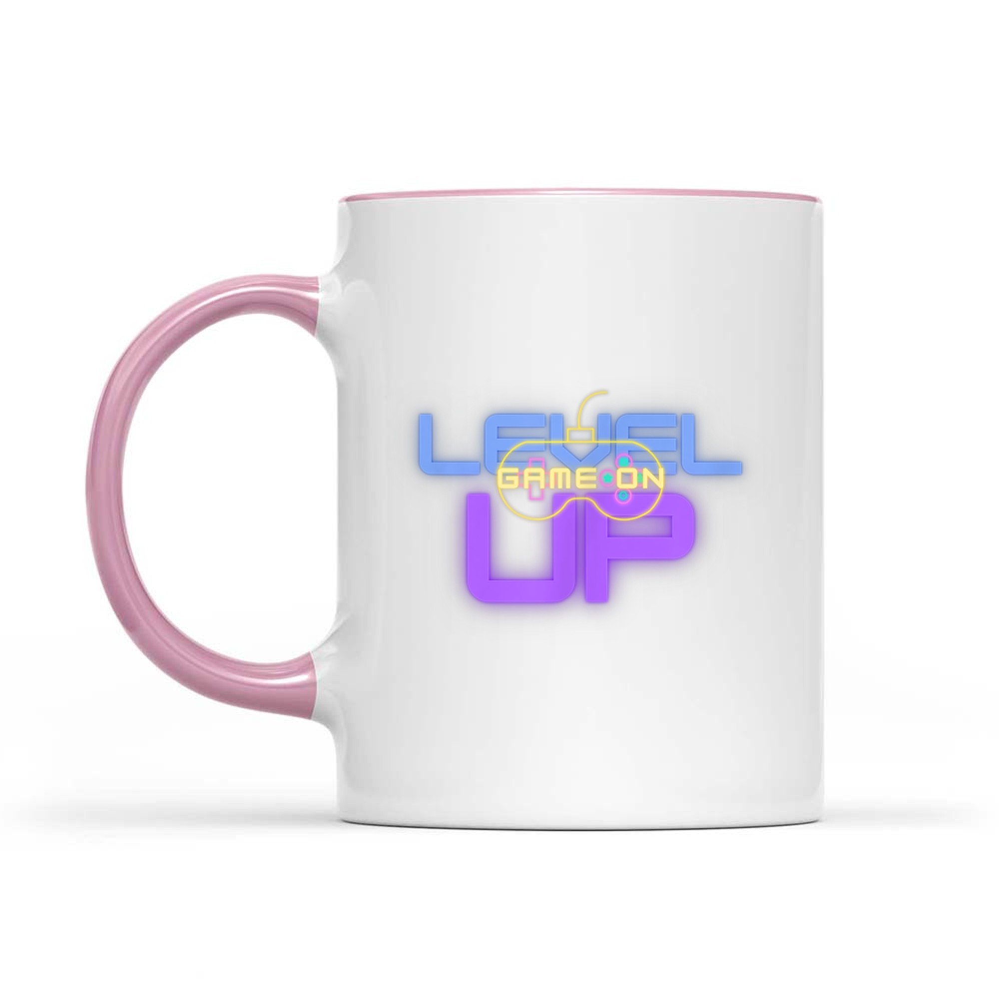 Funny Level Up Graphic Gamepad Icon Gamer Mode On Text Bright Neon Colors Mug
