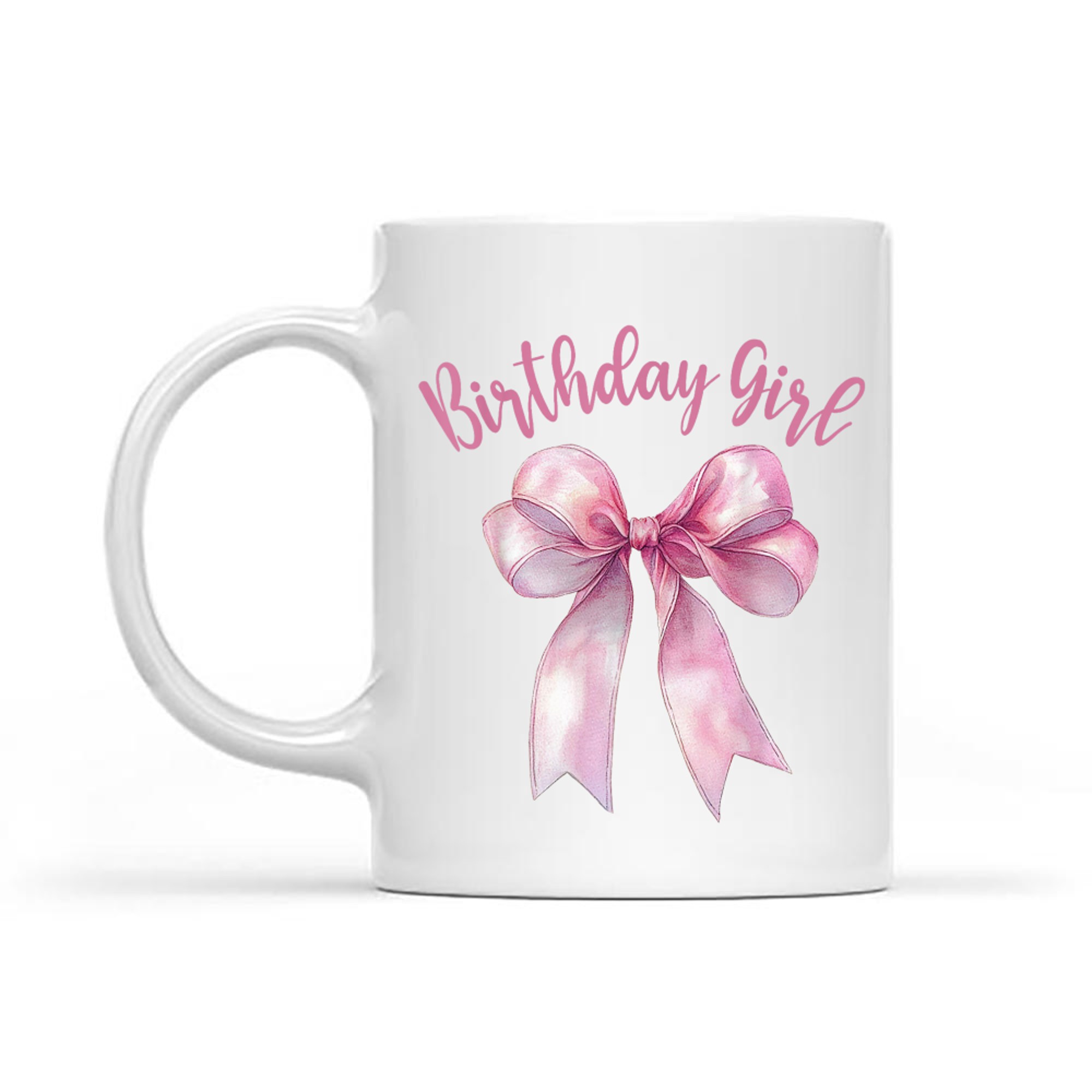 Pink Birthday Girl Design Satin Bow Watercolor Effect  Feminine Girls Mug