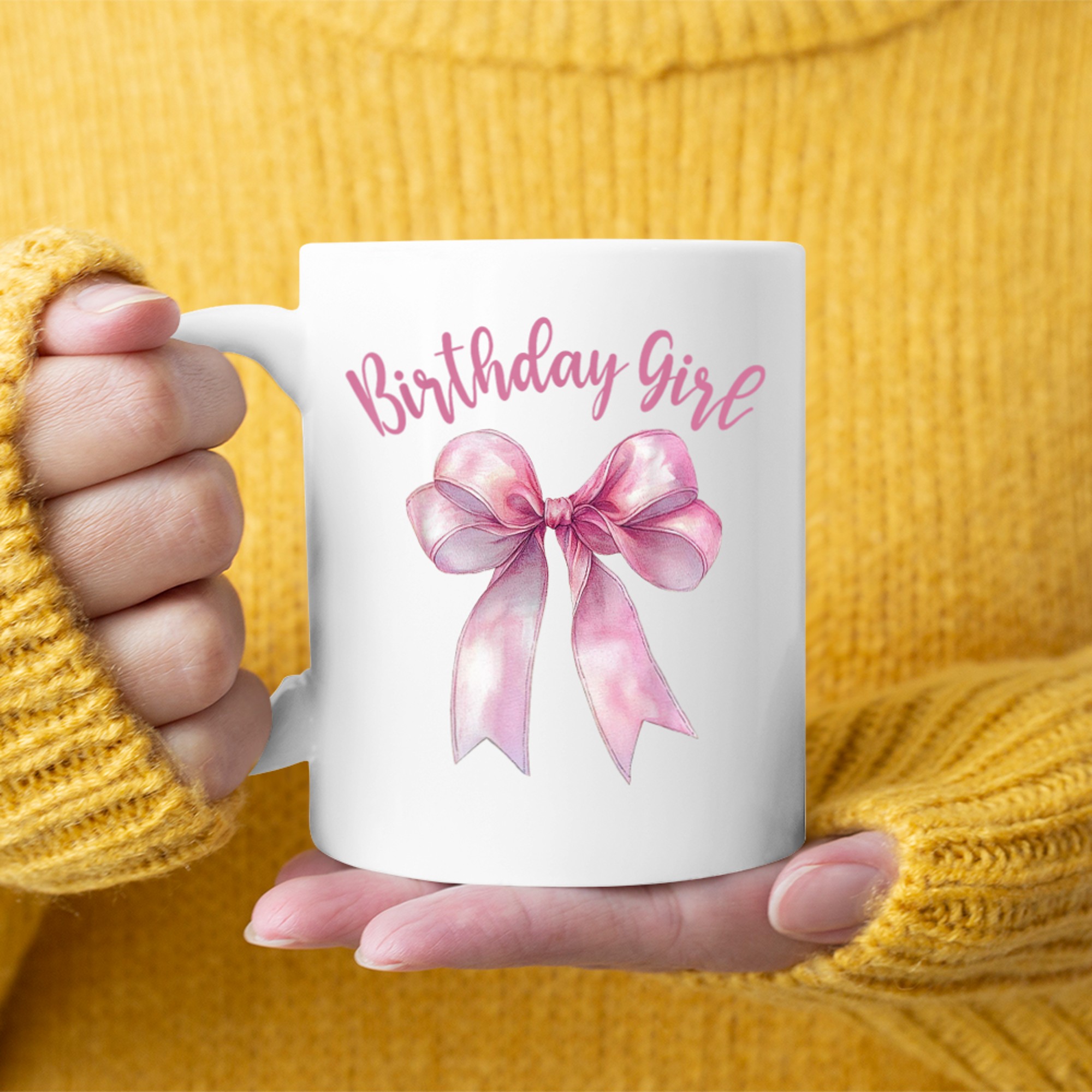 Pink Birthday Girl Design Satin Bow Watercolor Effect  Feminine Girls Mug