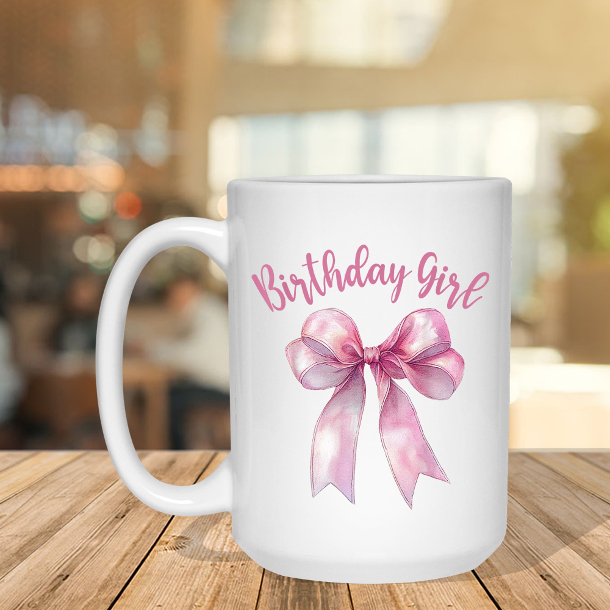 Pink Birthday Girl Design Satin Bow Watercolor Effect  Feminine Girls Mug