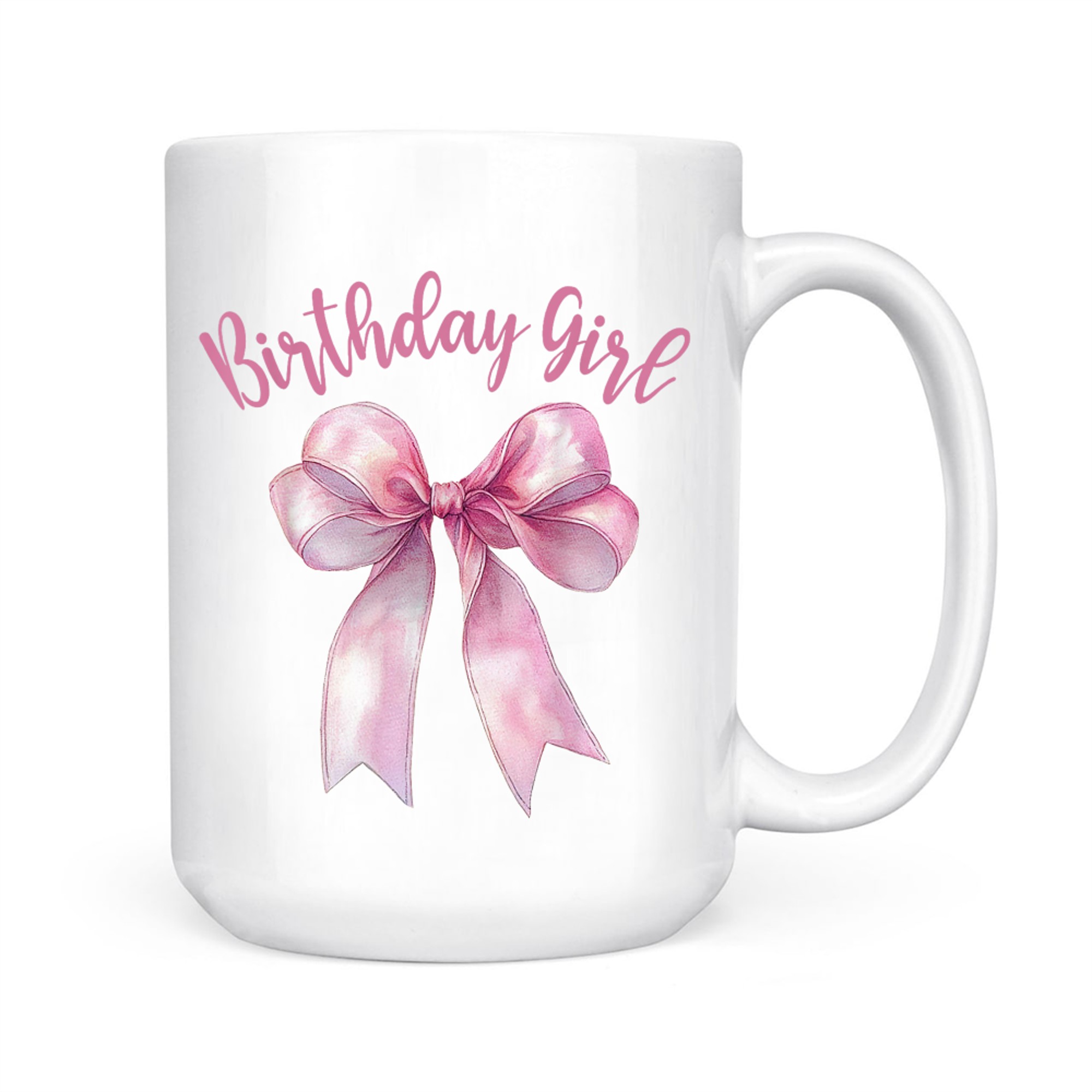 Pink Birthday Girl Design Satin Bow Watercolor Effect  Feminine Girls Mug