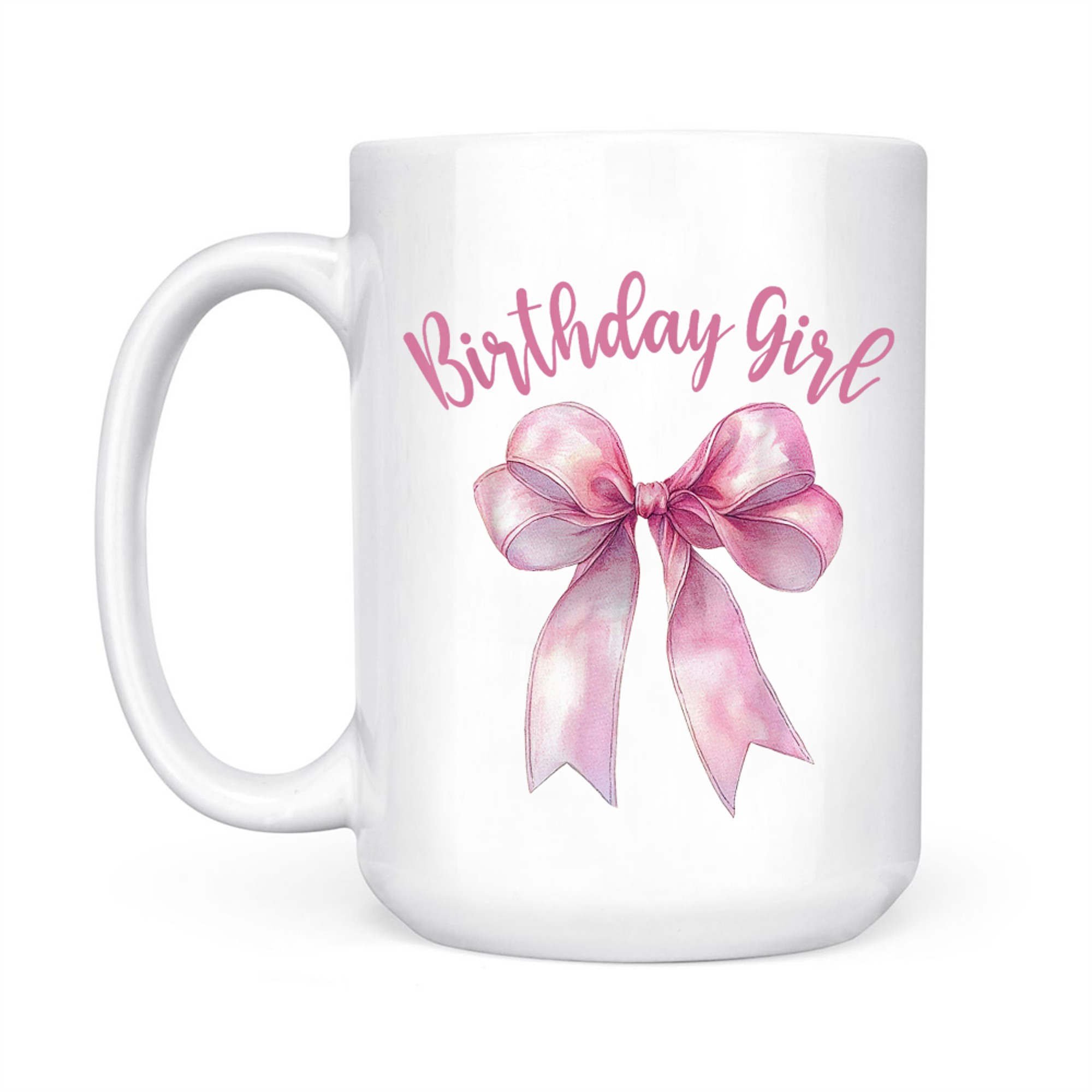 Pink Birthday Girl Design Satin Bow Watercolor Effect  Feminine Girls Mug