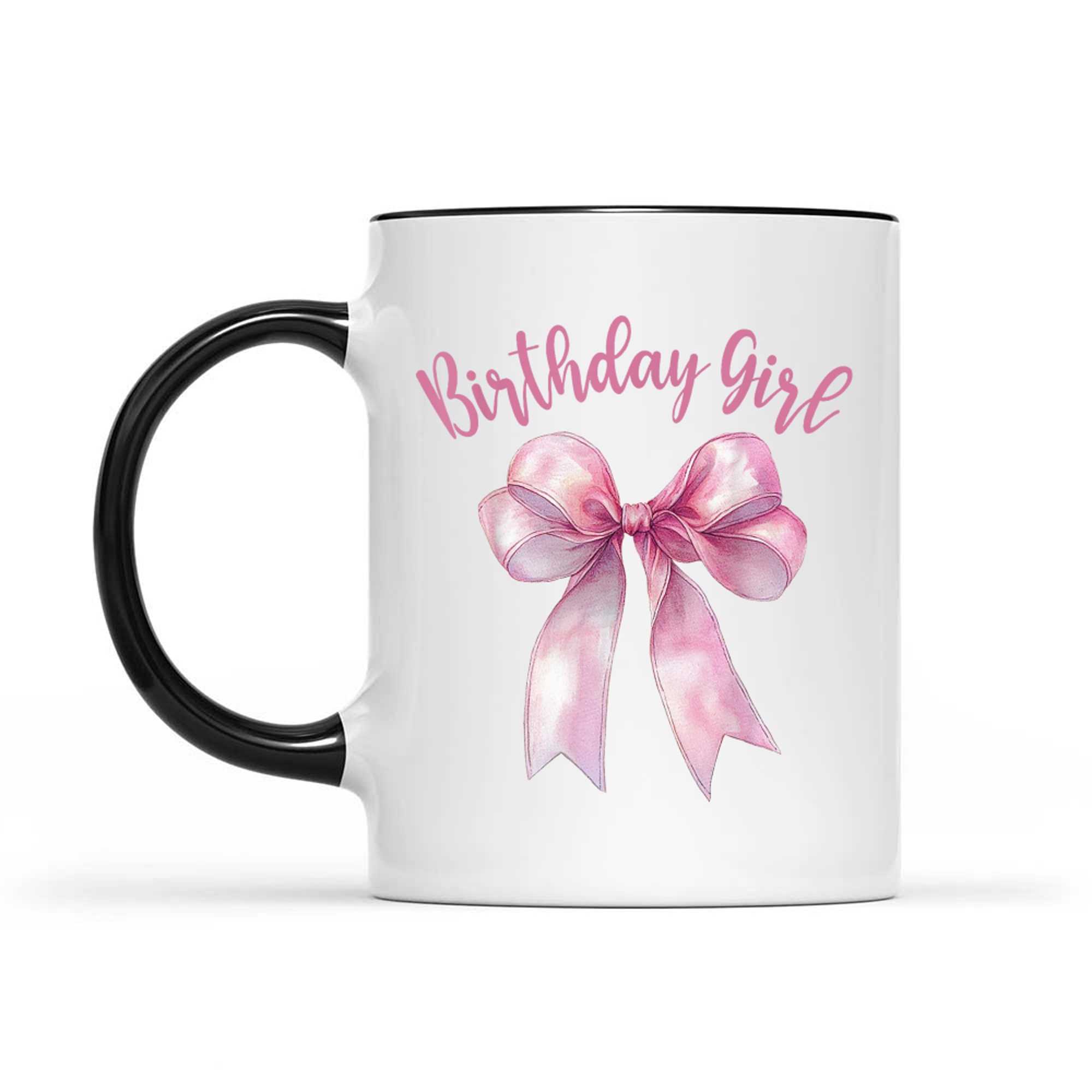 Pink Birthday Girl Design Satin Bow Watercolor Effect  Feminine Girls Mug