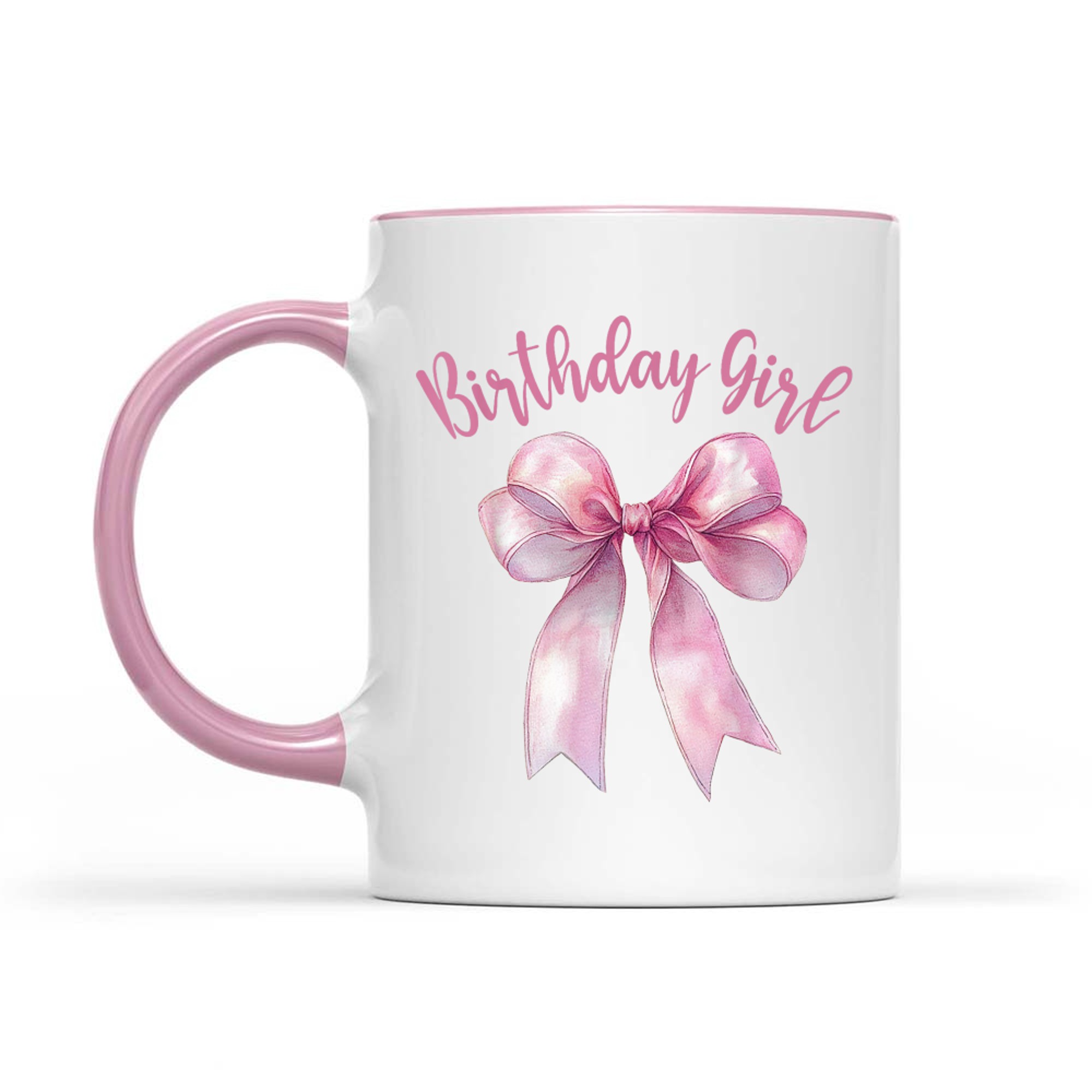 Pink Birthday Girl Design Satin Bow Watercolor Effect  Feminine Girls Mug