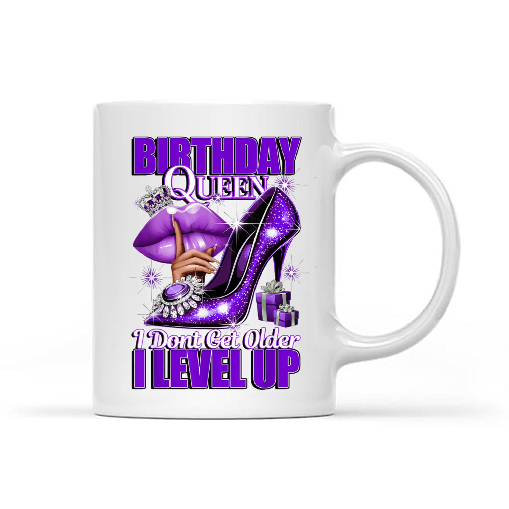 Purplel Birthday Queen Design  Crown Lips Level Up Quote Mug