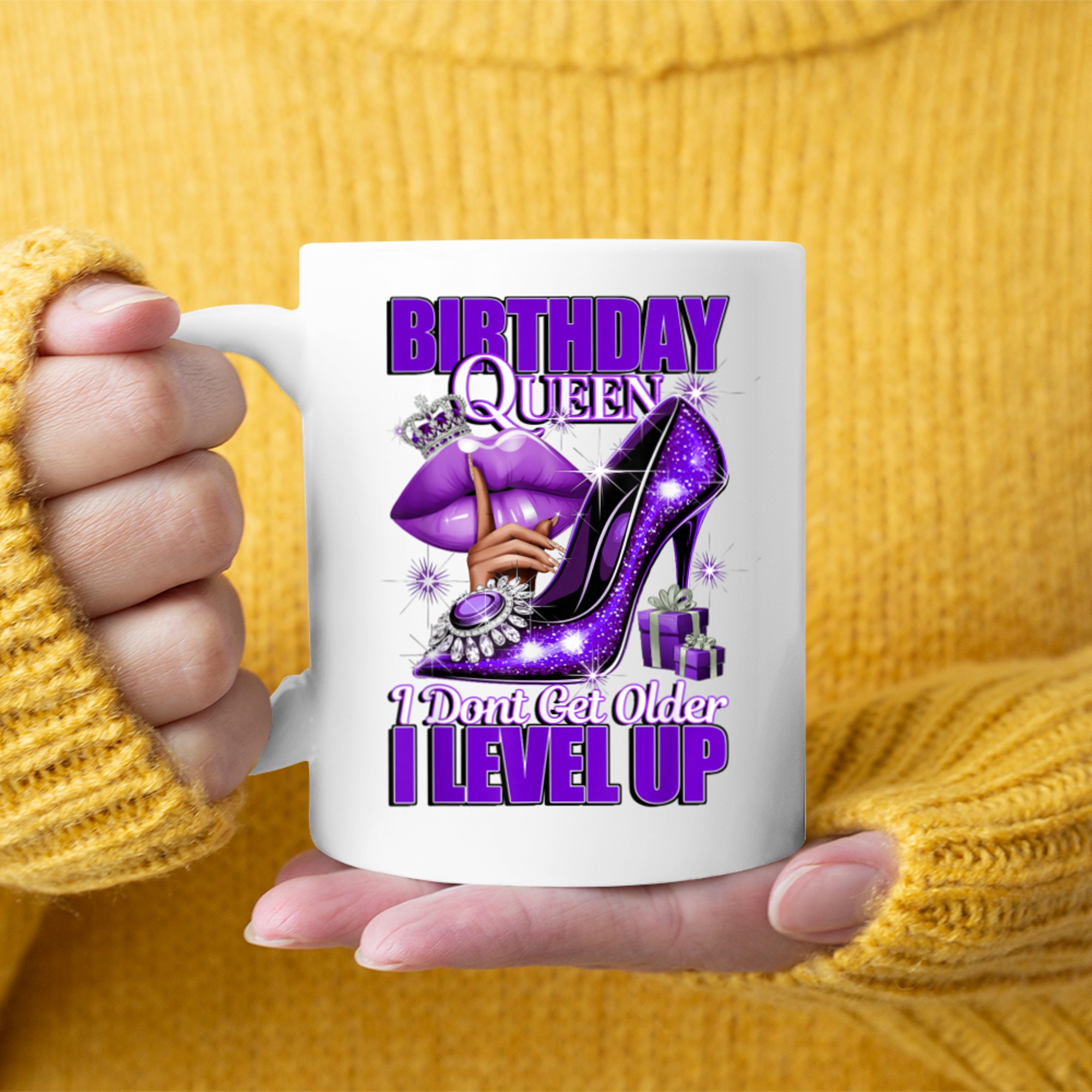 Purplel Birthday Queen Design  Crown Lips Level Up Quote Mug