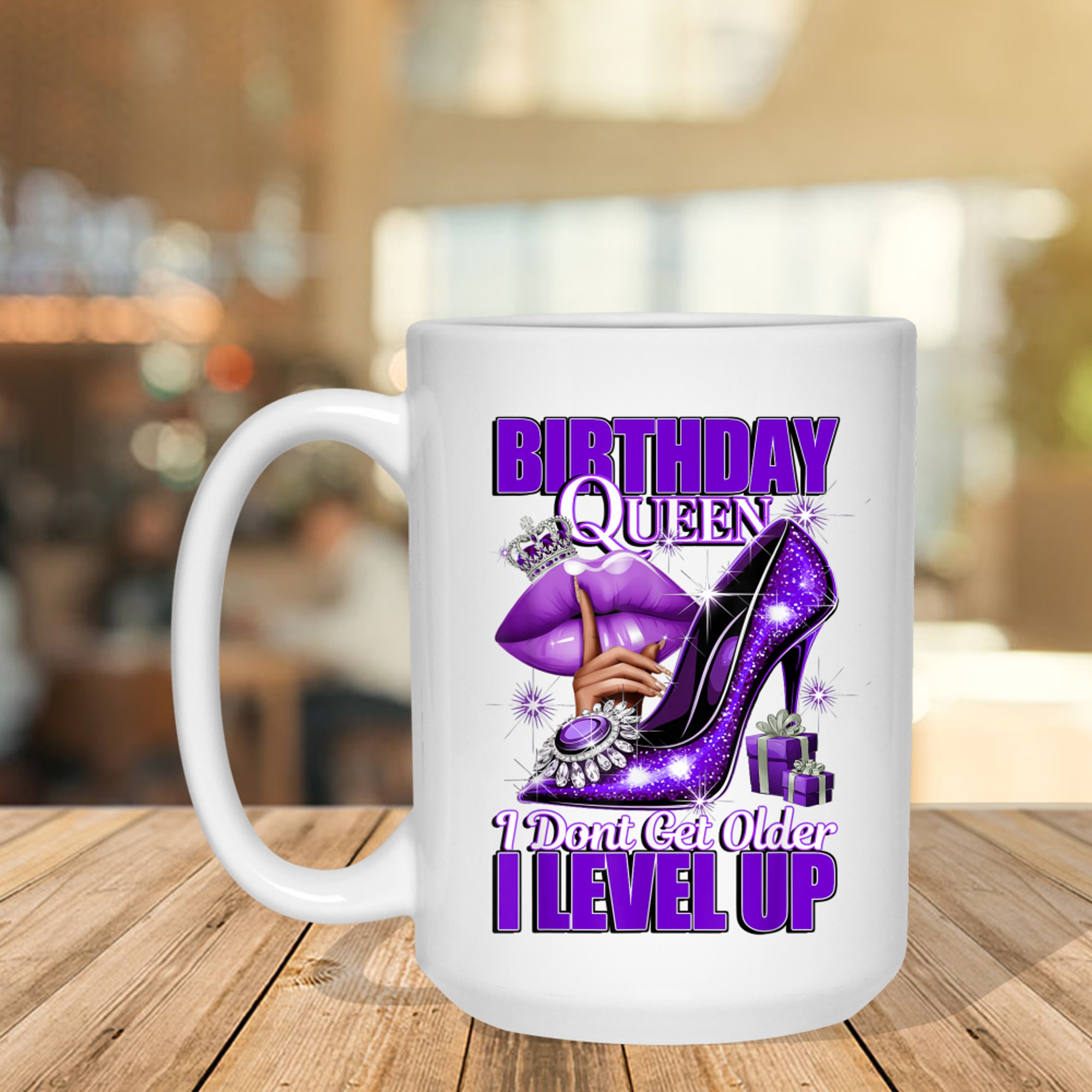 Purplel Birthday Queen Design  Crown Lips Level Up Quote Mug