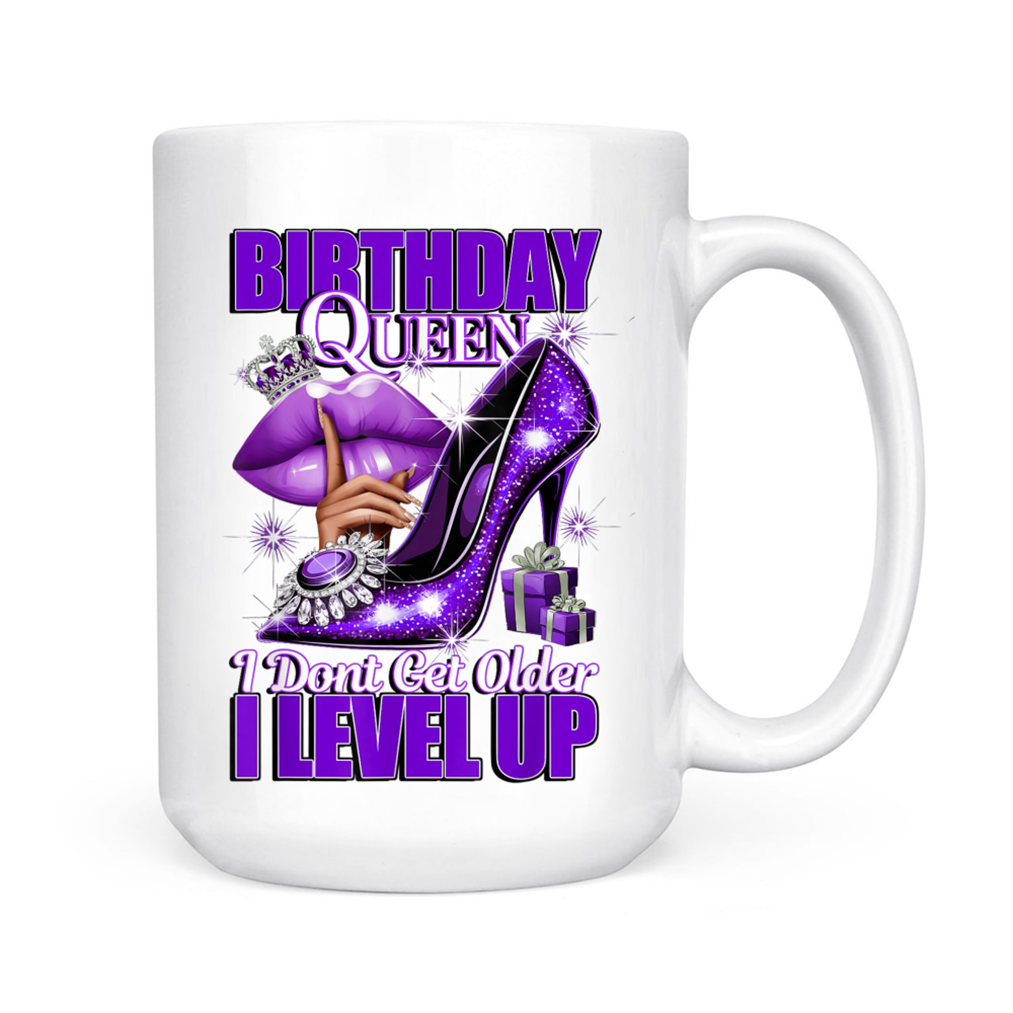 Purplel Birthday Queen Design  Crown Lips Level Up Quote Mug