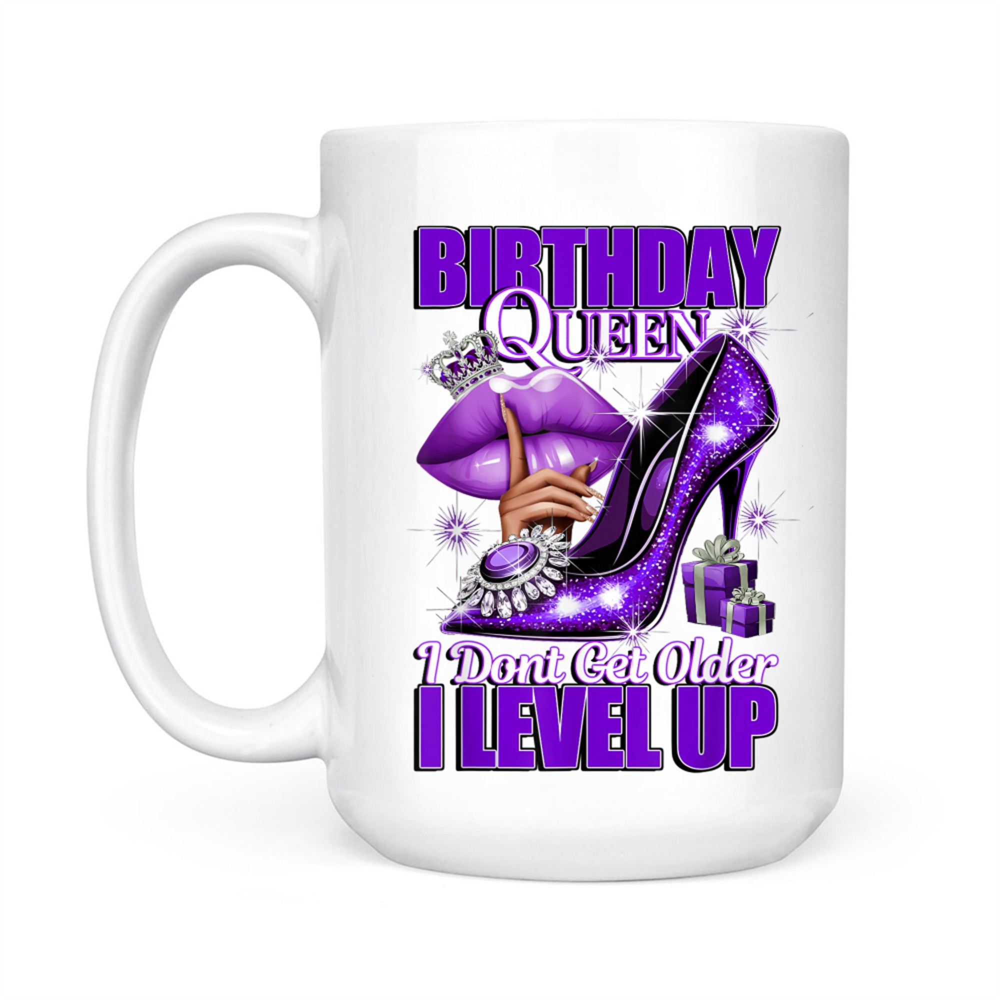 Purplel Birthday Queen Design  Crown Lips Level Up Quote Mug