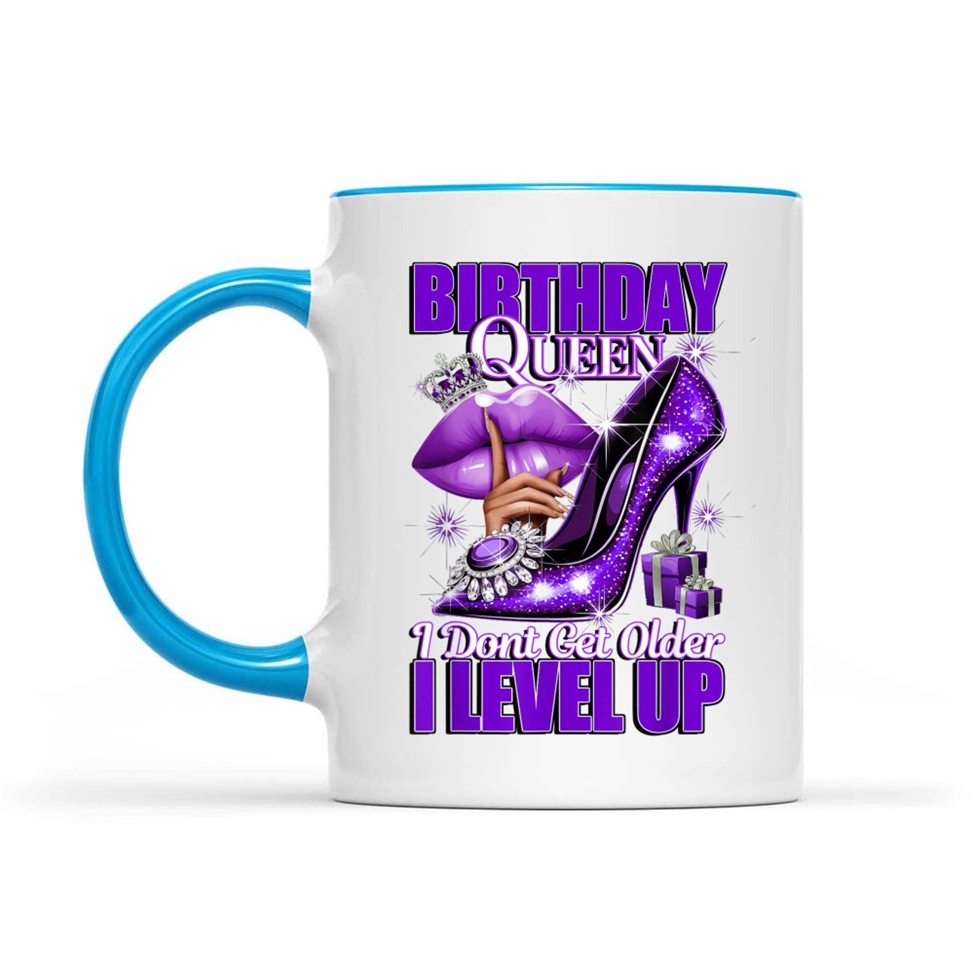 Purplel Birthday Queen Design  Crown Lips Level Up Quote Mug