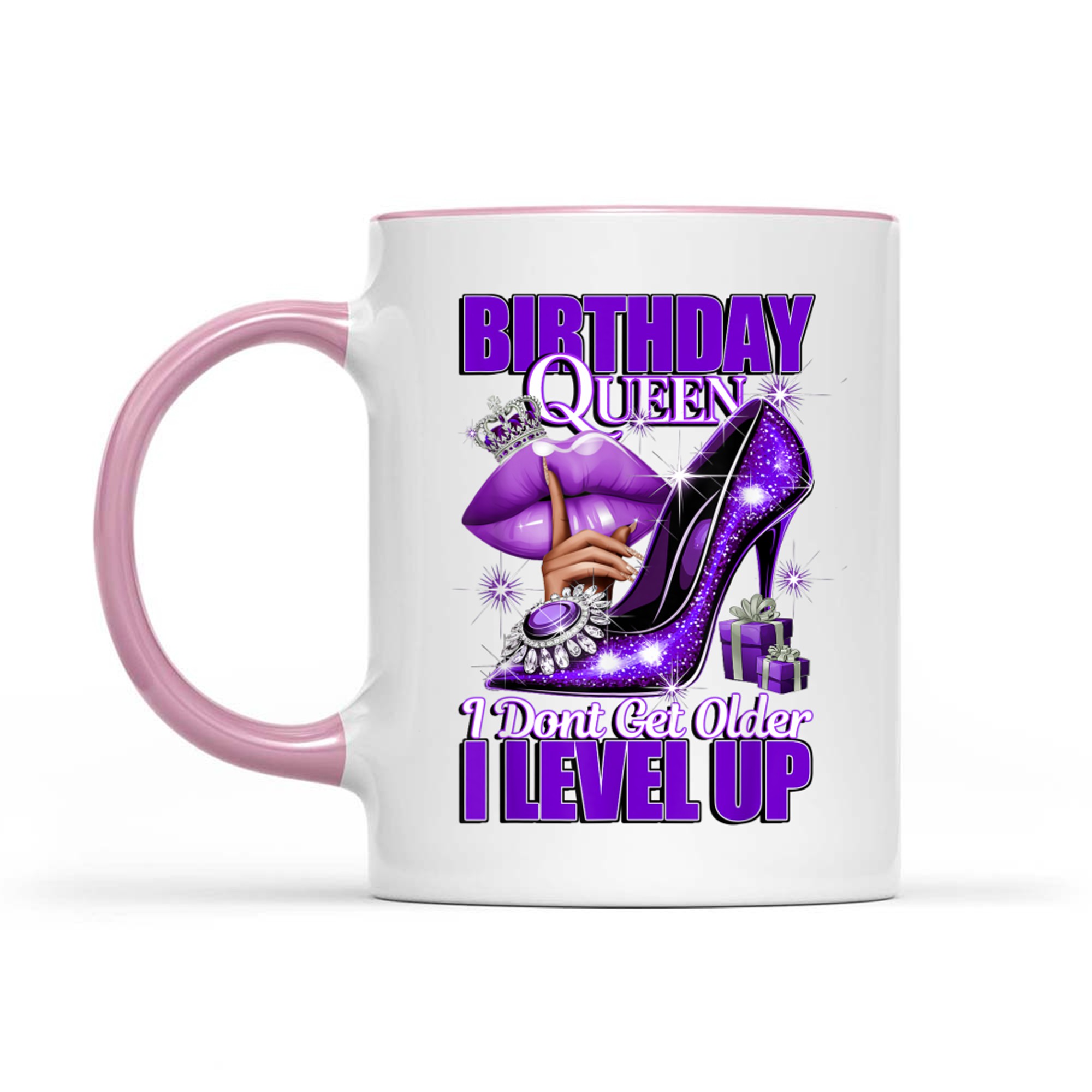 Purplel Birthday Queen Design  Crown Lips Level Up Quote Mug