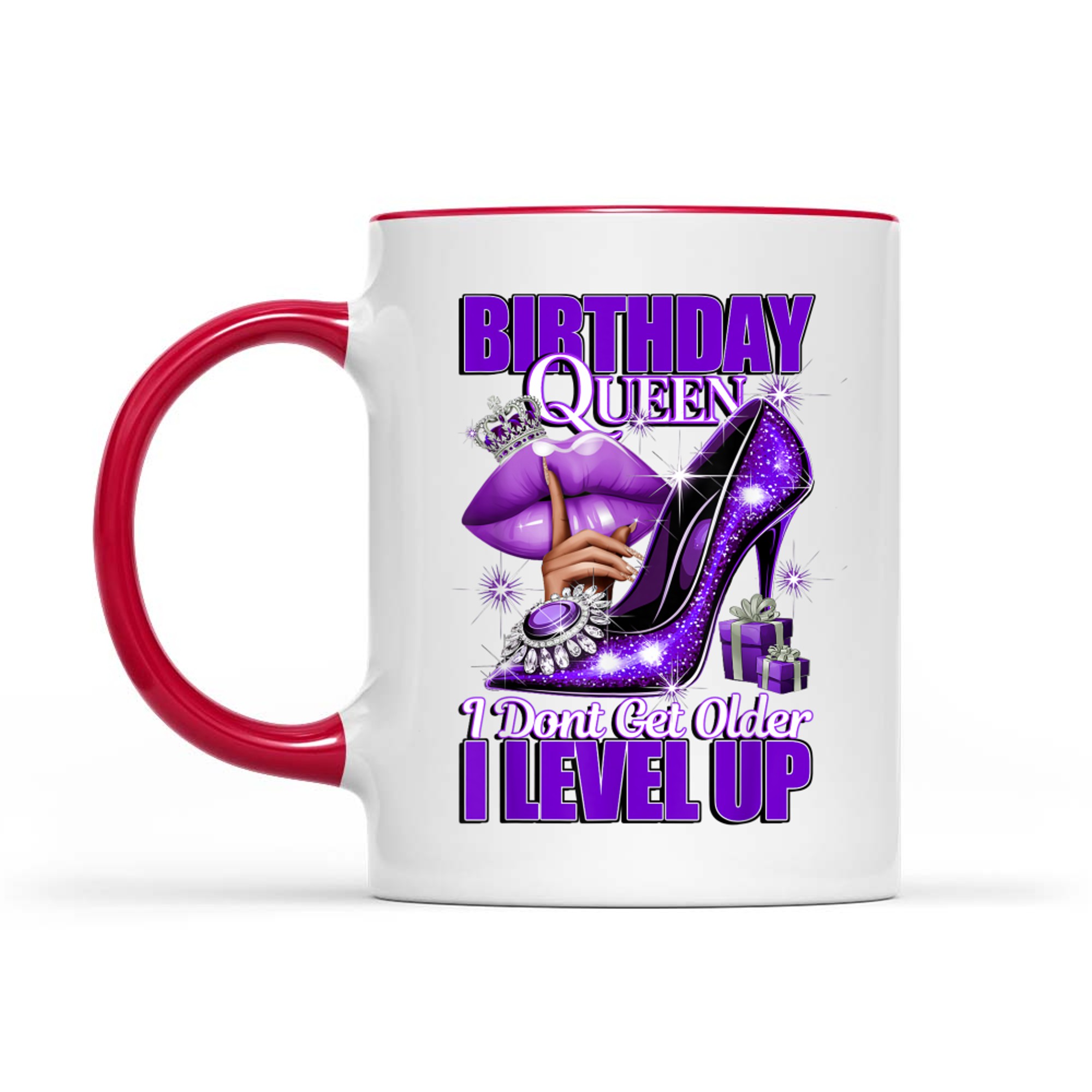 Purplel Birthday Queen Design  Crown Lips Level Up Quote Mug
