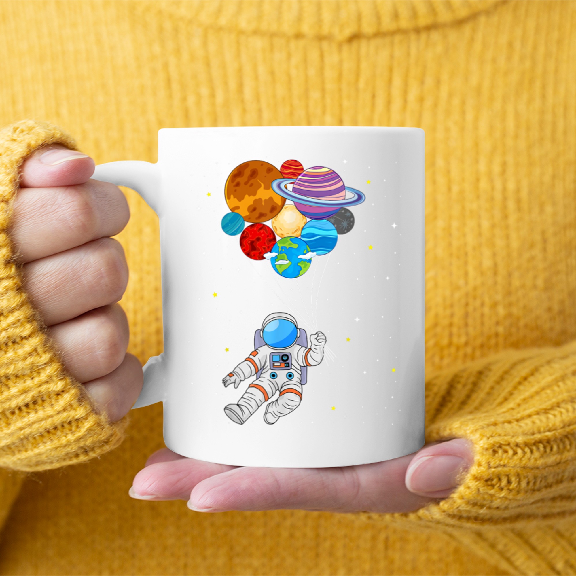 Astronaut Holding Planet Space Art Mug