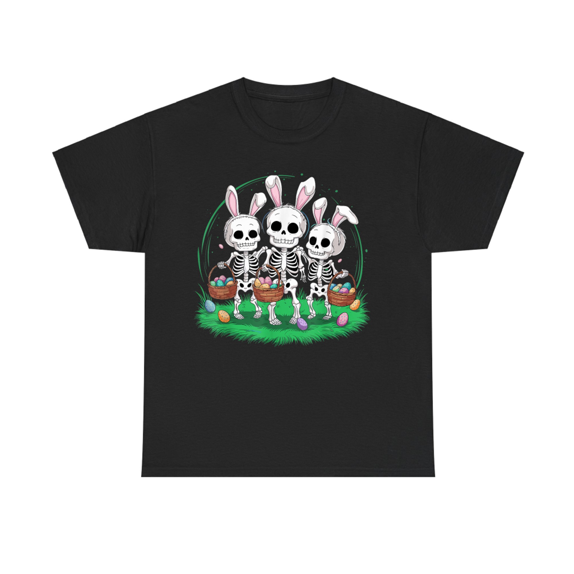 Funny Easter Skeleton Holding Egg Basket Bunny Ears T-Shirt