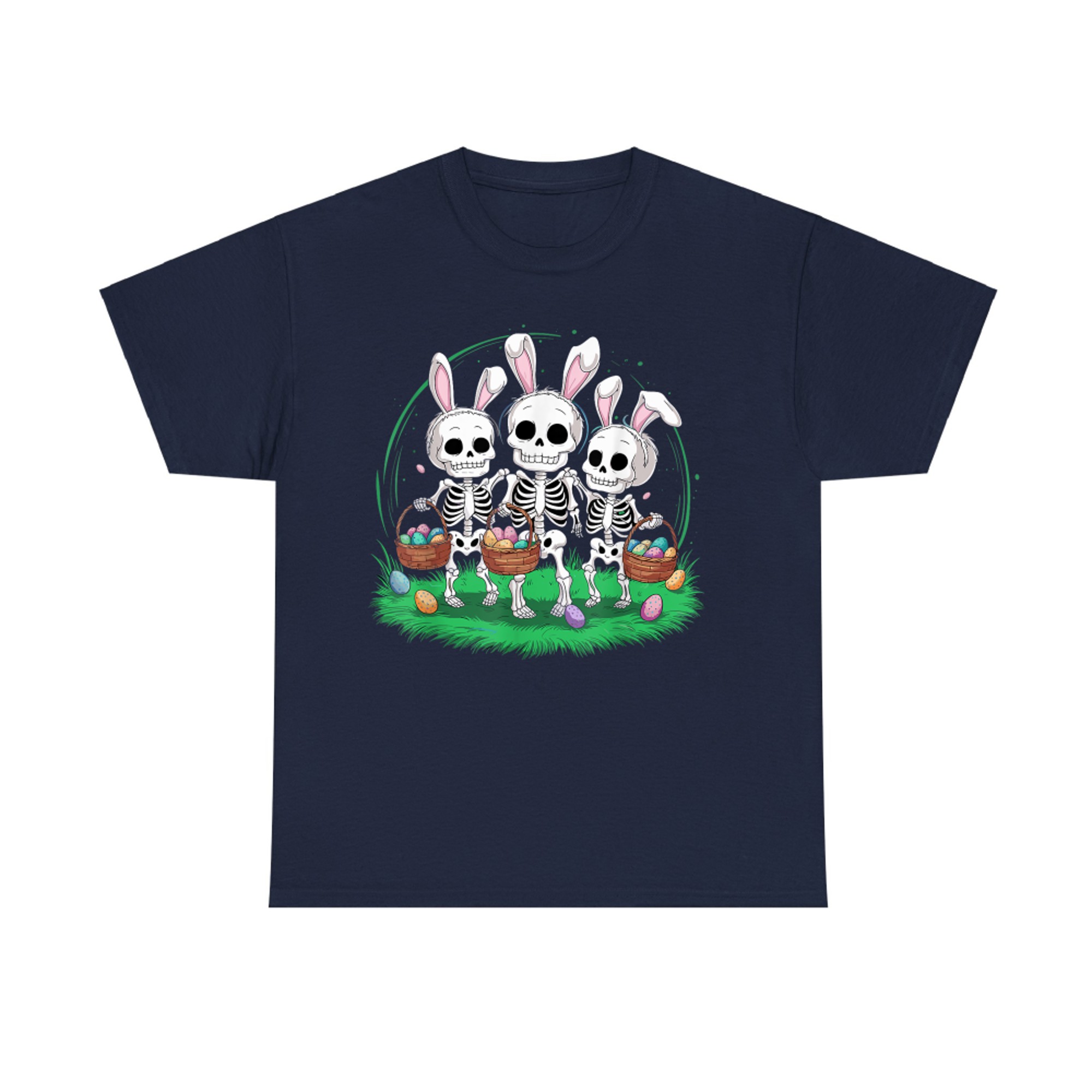 Funny Easter Skeleton Holding Egg Basket Bunny Ears T-Shirt
