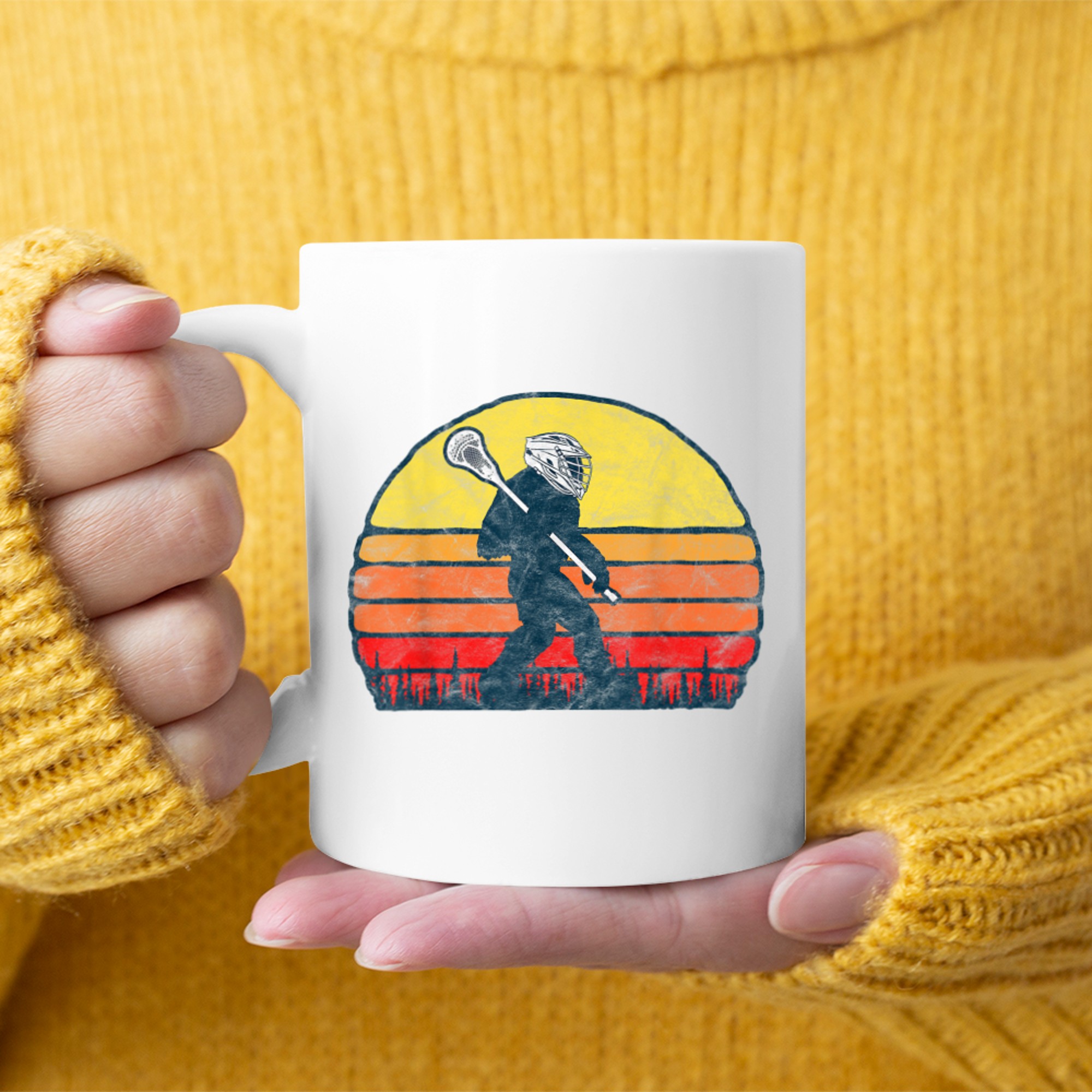 Funny Sasquatch Lax Bigfoot Lacrosse Vintage 80s Sunset Mug