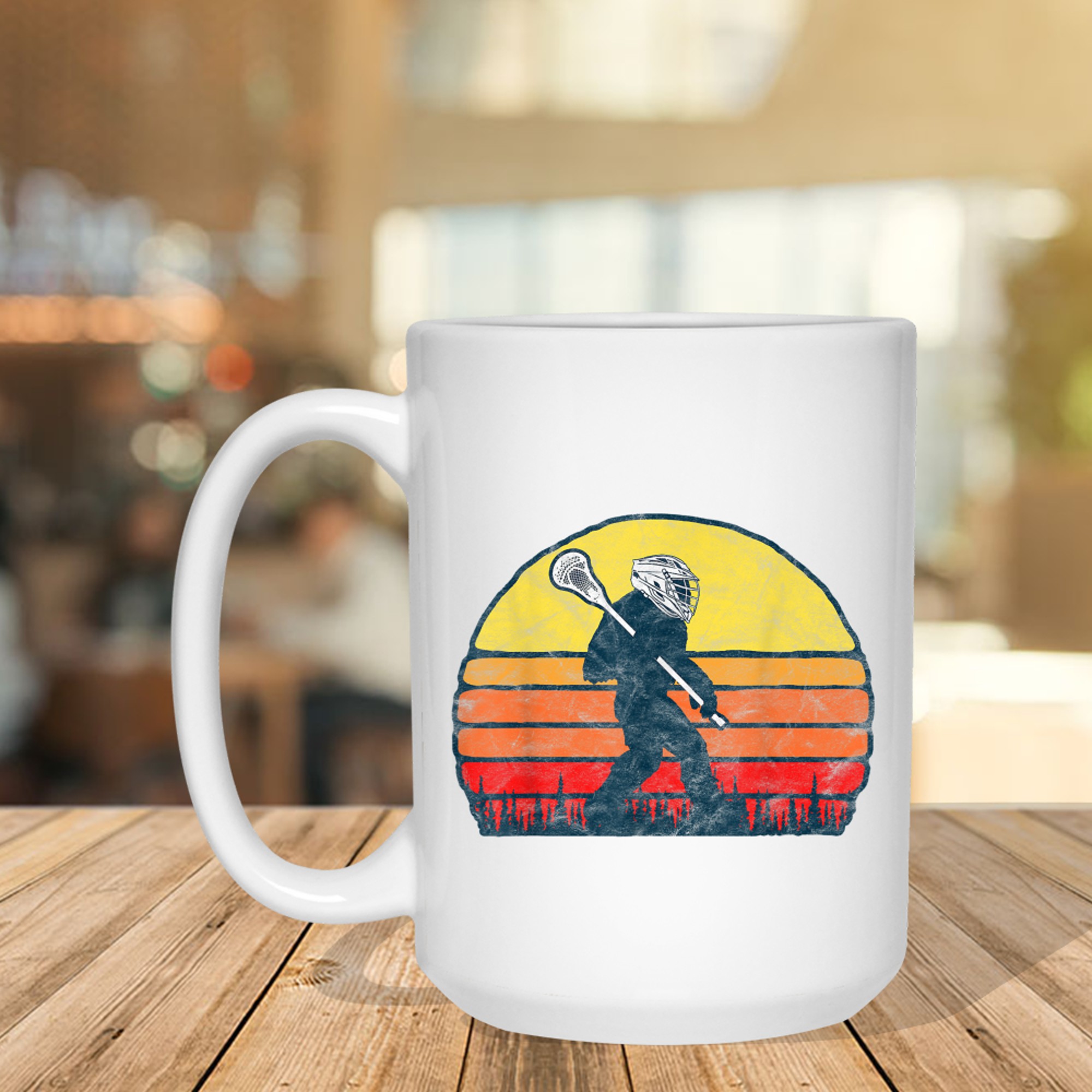 Funny Sasquatch Lax Bigfoot Lacrosse Vintage 80s Sunset Mug