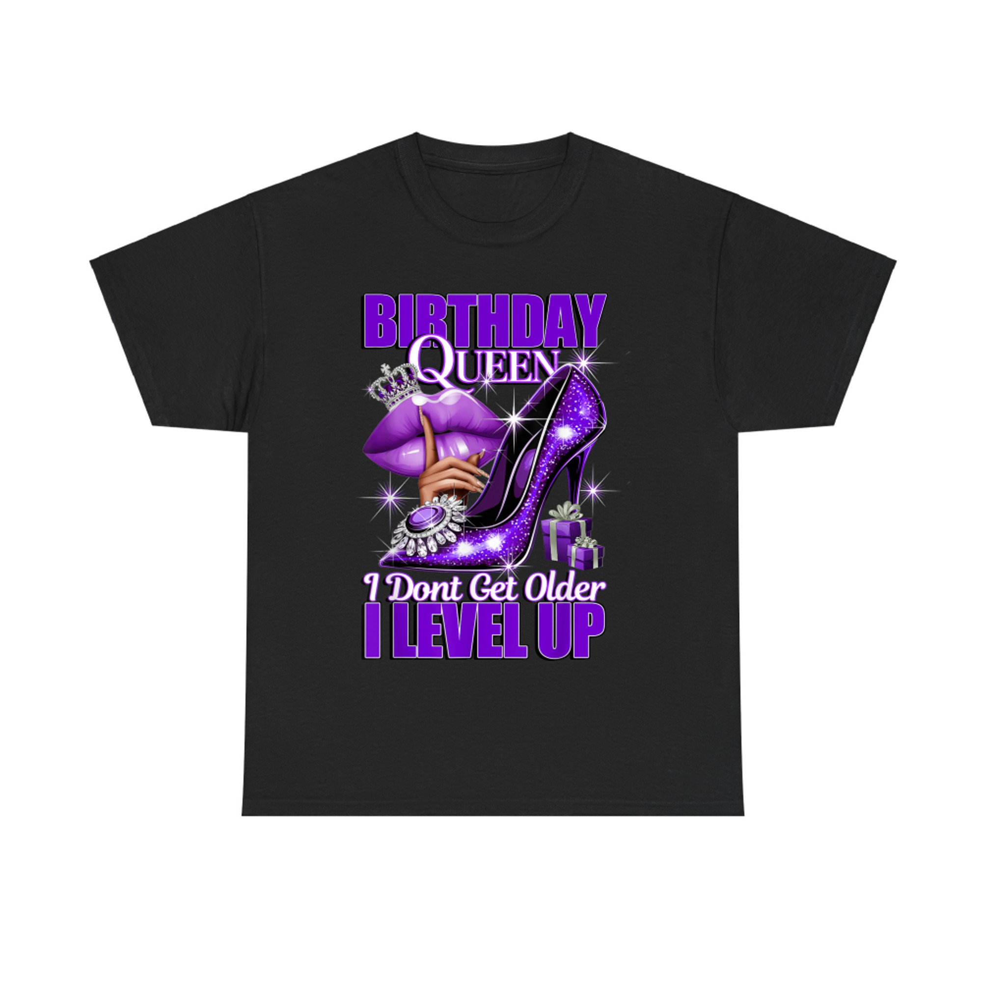 Purple Glitter High Heel Birthday Queen Design  Crown Lips Level Up Quote T-Shirt
