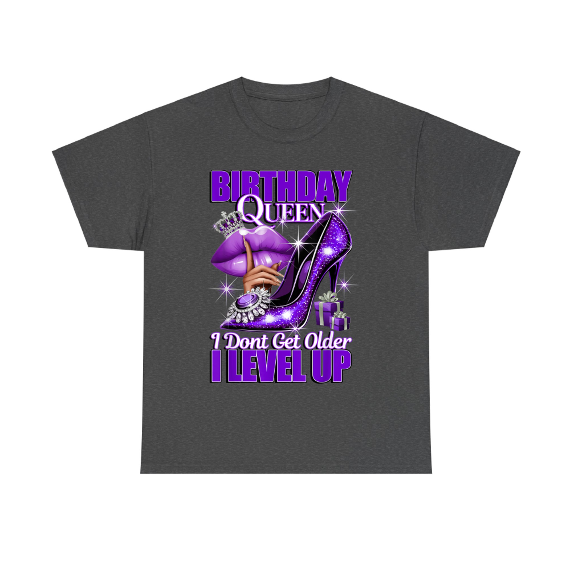Purple Glitter High Heel Birthday Queen Design  Crown Lips Level Up Quote T-Shirt