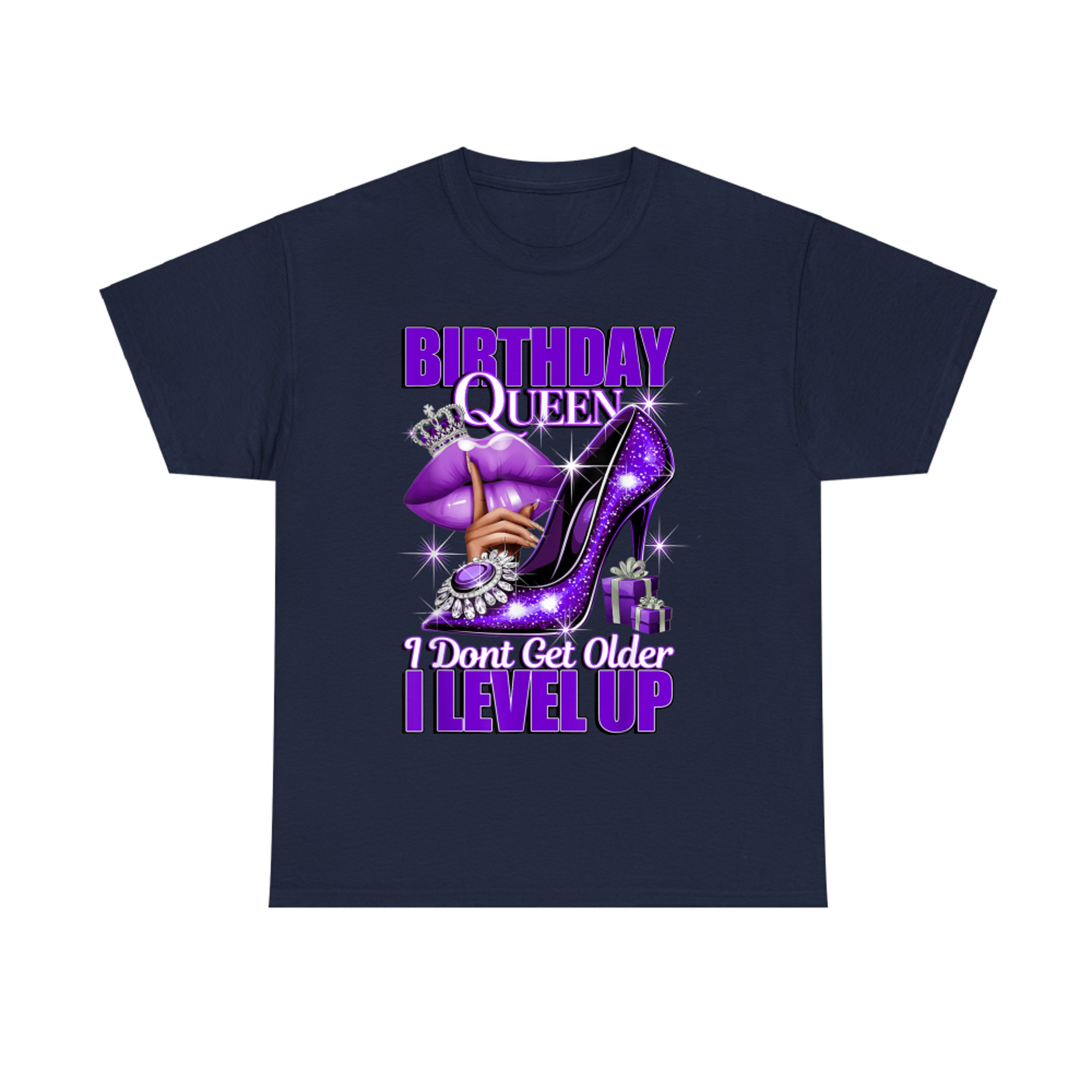 Purple Glitter High Heel Birthday Queen Design  Crown Lips Level Up Quote T-Shirt