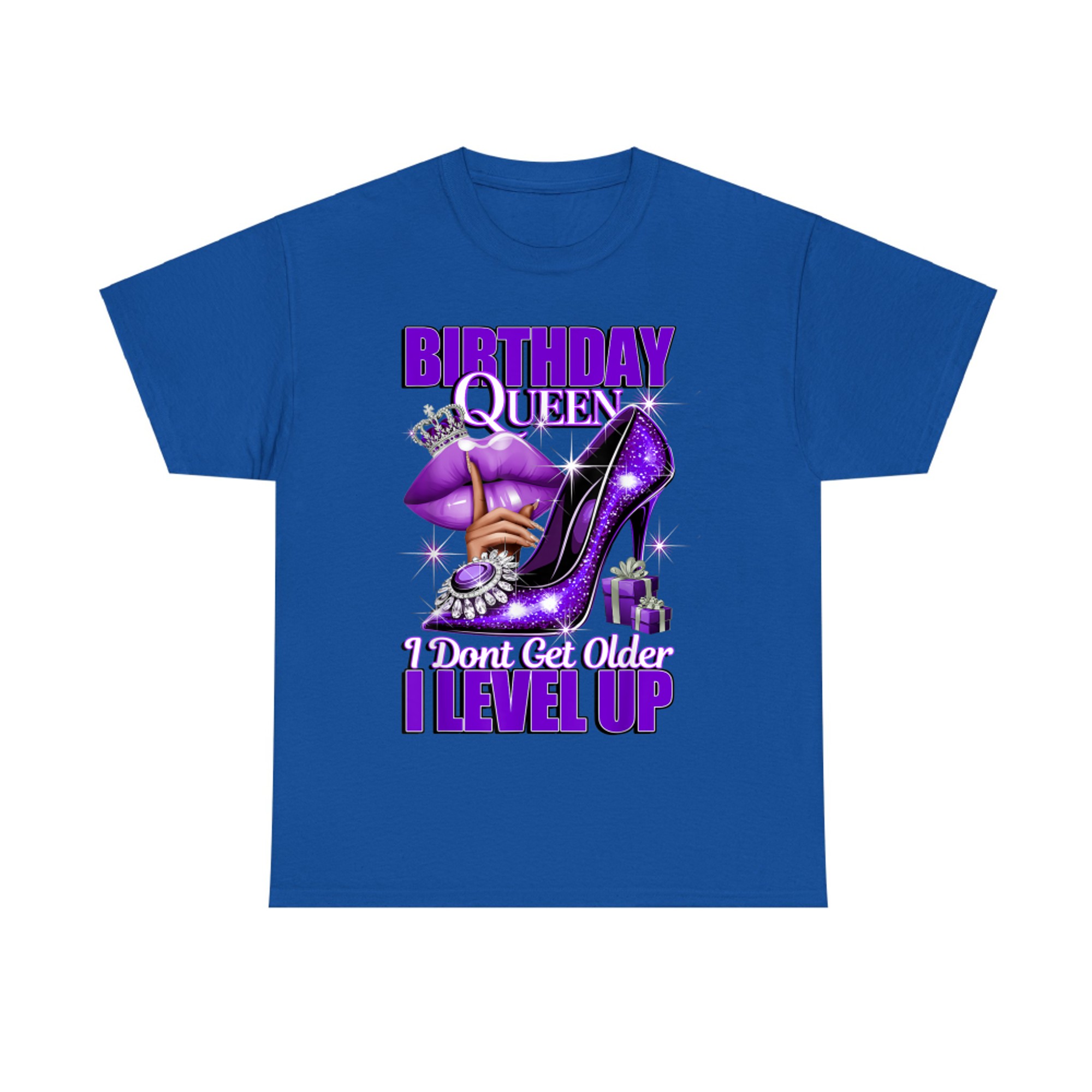 Purple Glitter High Heel Birthday Queen Design  Crown Lips Level Up Quote T-Shirt