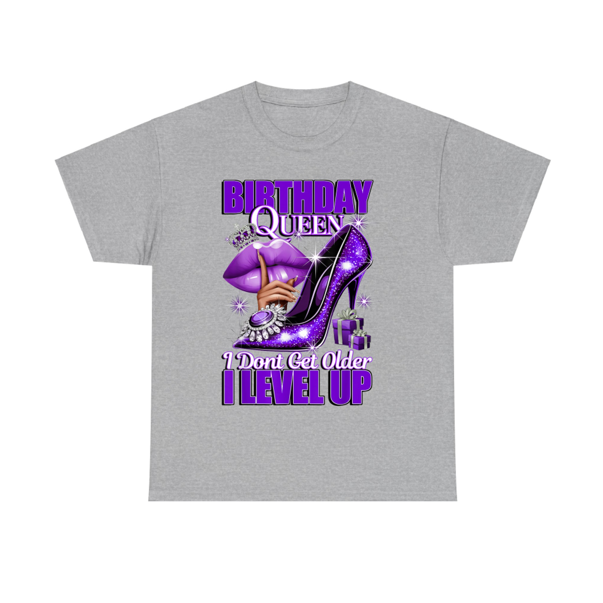 Purple Glitter High Heel Birthday Queen Design  Crown Lips Level Up Quote T-Shirt