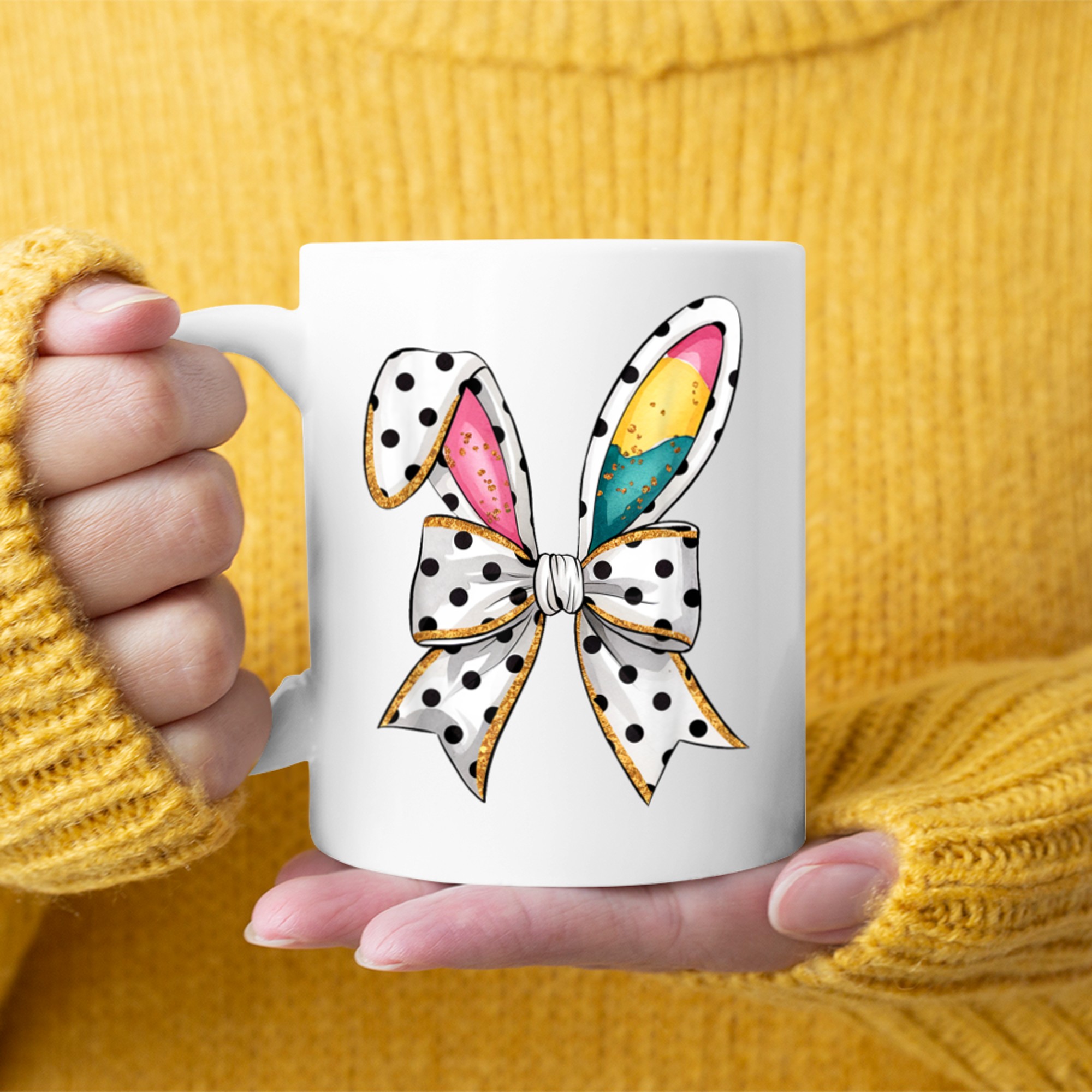 Whimsical Polka Dot Bow Ears Easter Sunday Mug