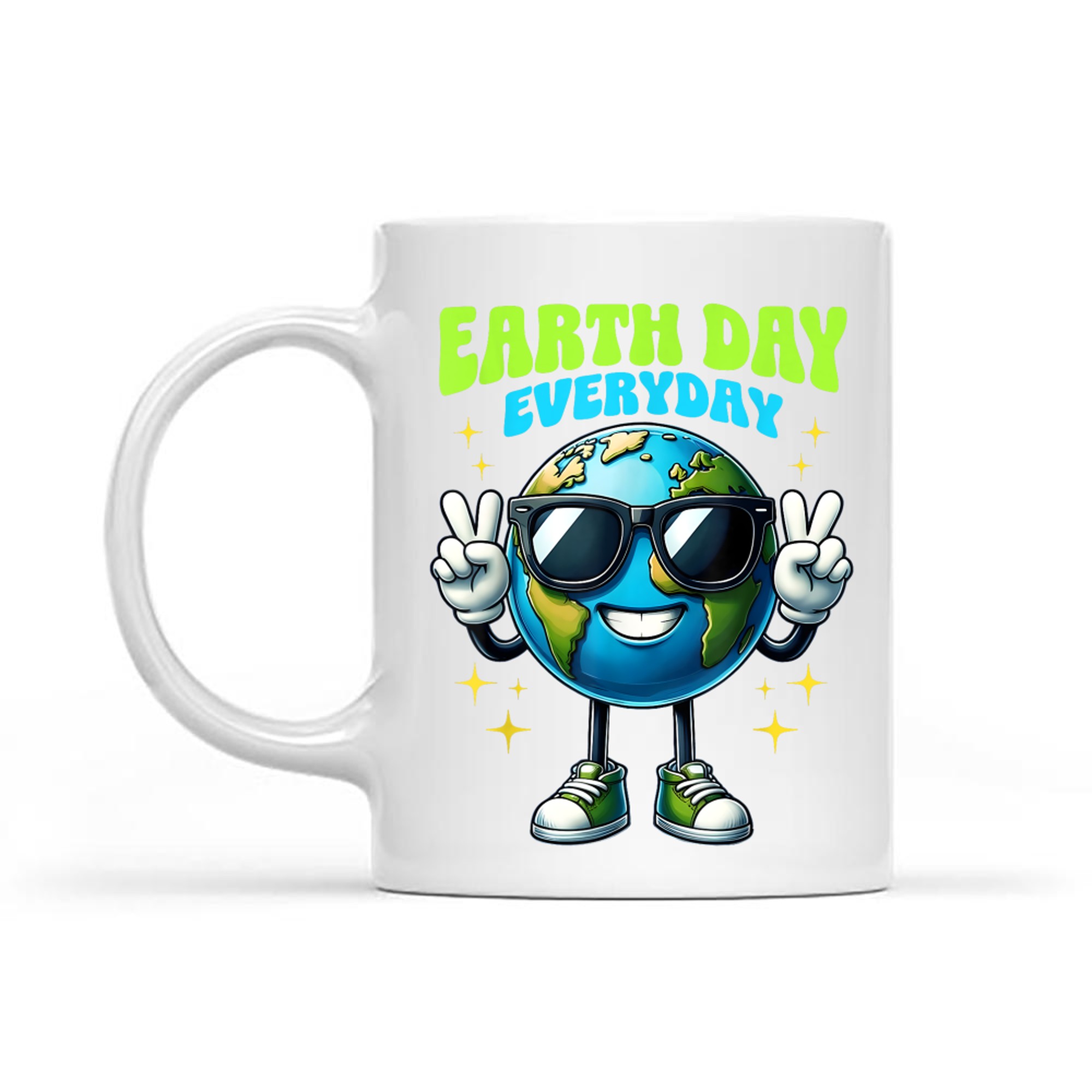 Earth Day Everyday Cool Earth Cartoon Sunglasses Peace Sign Eco Friendly Planet Mug